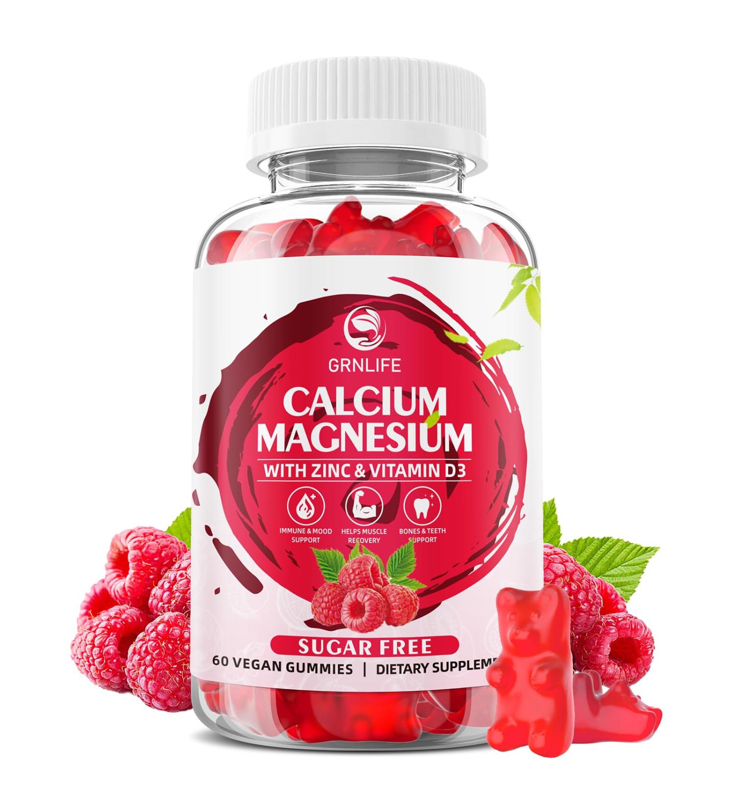 Calcium Magnesium Zinc Gummies with Vitamin D3 Sugar Free Calcium Gummies for Women Men Raspberry Flavor - 60 Count Raspberry 60 Count (Pack of 1) - Buy Online on GoSupps.com