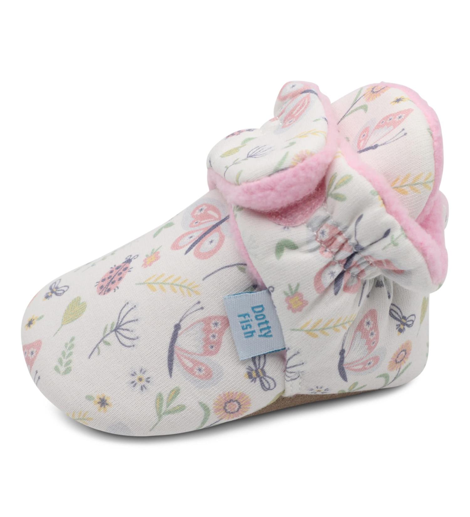 Dotty Fish Cotton Baby Booties with Suede Sole | Warm Fleece Lining | Non-Slip Pram Shoes | Stay On Slippers | 12-18 Months Soft Pink With Butterflies - Buy Online on GoSupps.com
