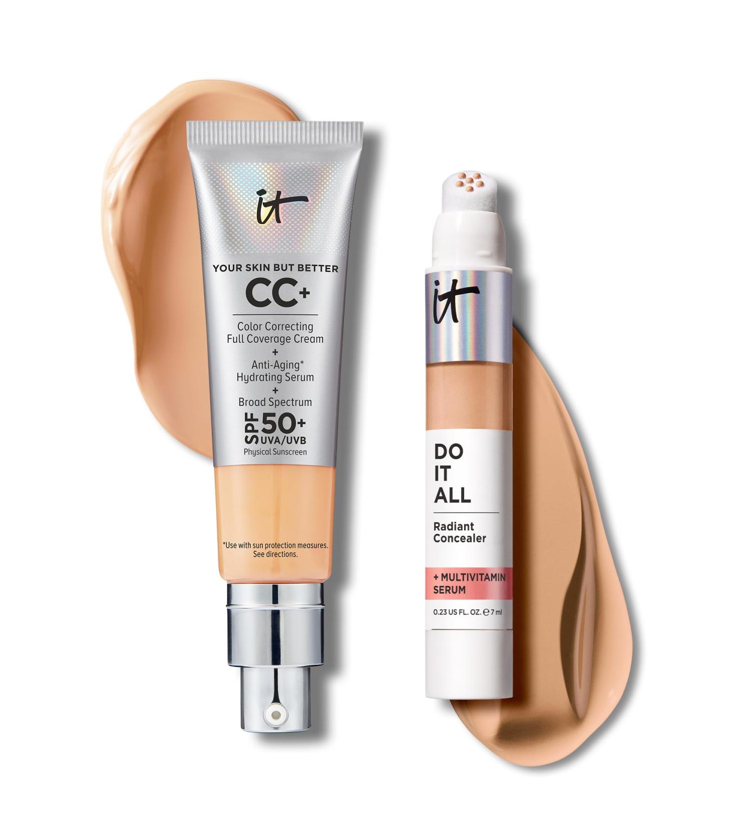 IT Cosmetics CC+ Cream with SPF 50+ Natural Finish Full Coverage Foundation (Neutral Medium - 1.08 fl oz) & Do It All Radiant Concealer Multivitamin Serum Makeup (310 Medium Warm - 0.2 fl oz) - Buy Online on GoSupps.com