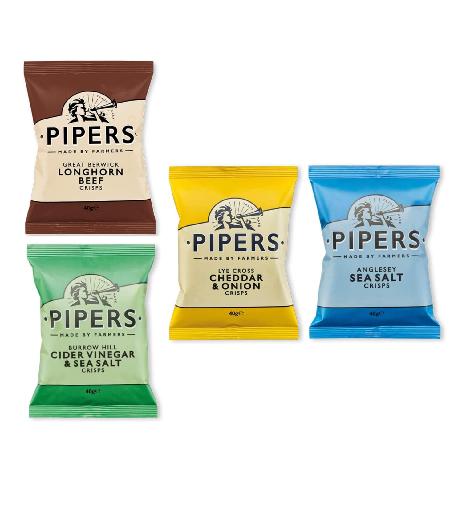 Pipers Top 4 Mixed Variety 40 x 40g | 13 x Lye Cross Cheddar & Onion | 11 x Anglesey Sea Salt | 9 x Burrow Hill Cider Vinegar & Sea Salt | 7 x Great Berwick Longhorn Beef - Buy Online on GoSupps.com
