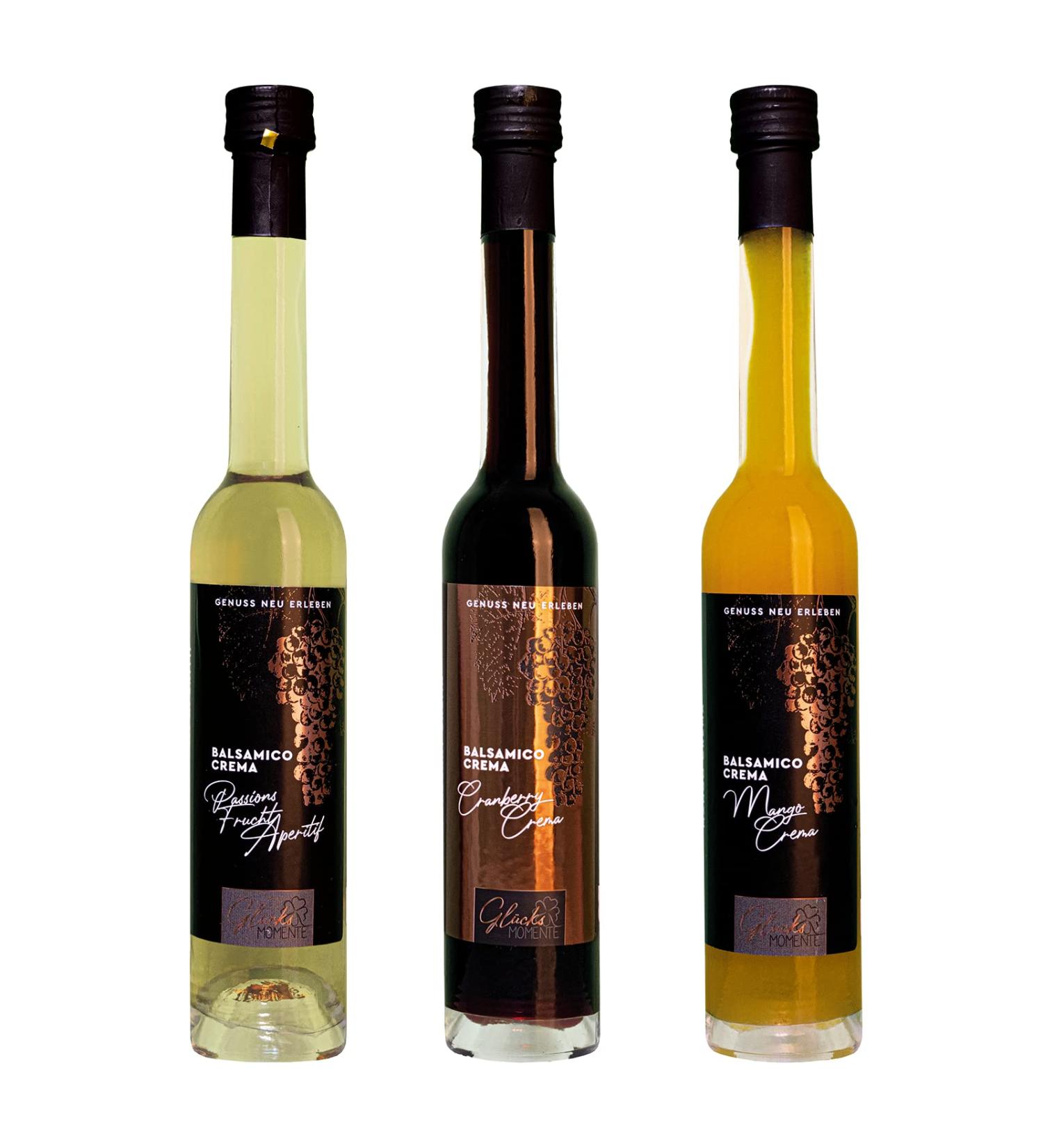 Gl cks Momente Tropical Mix Set of 3 100 ml Each - Passion Fruit Aperitif Cranberry Crema Mango Crema - Balsamic Crema Fruit Vinegar Preparation with 3% Acid - Buy Online on GoSupps.com