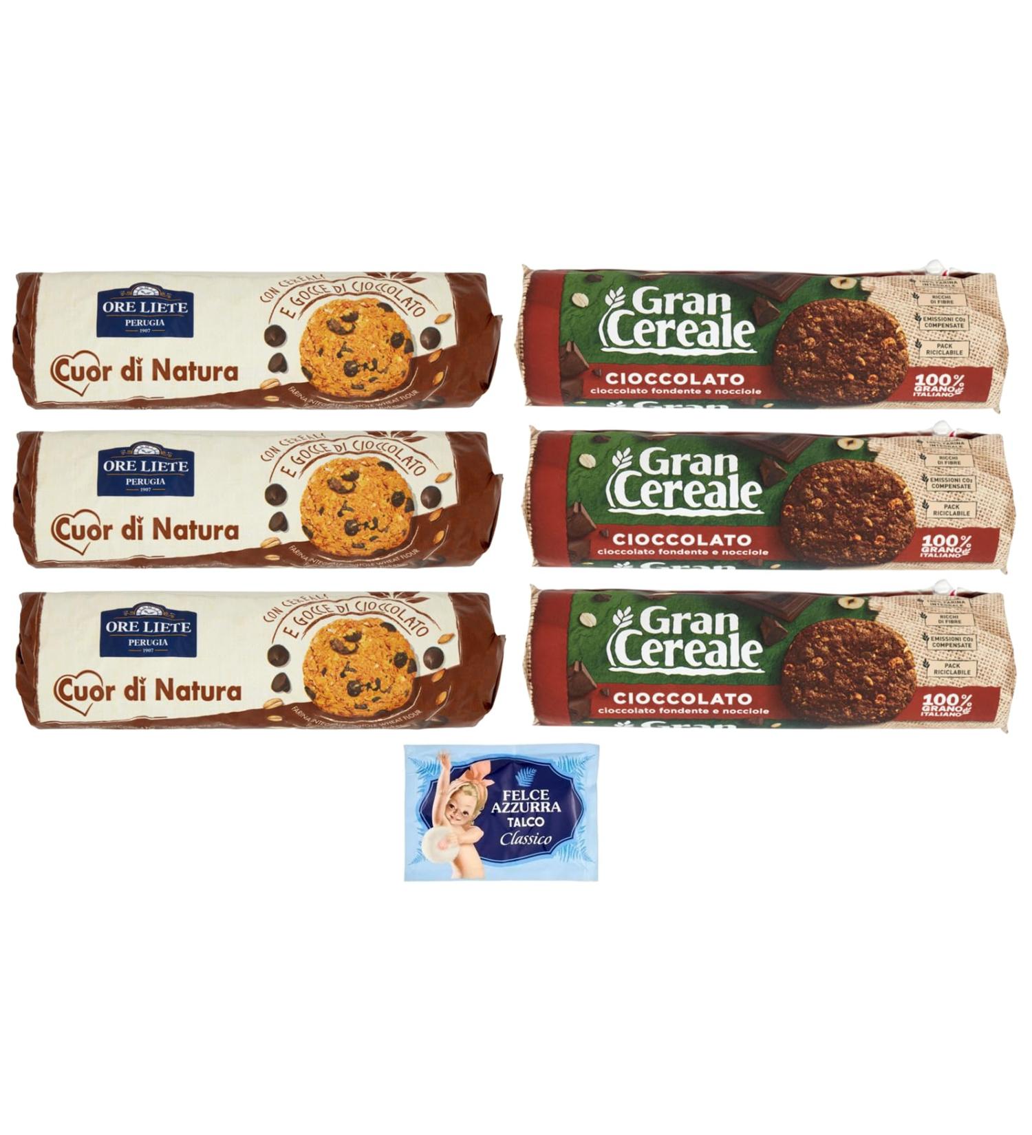 Biscotti Cereali Cioccolato Ore Liete Pack of 6 test bags Biscotti Cereale 250 g + Gran Cereale 230 g Cereal and chocolate biscuits Packed in a tube + 1 packet of Felce Azzurra talc - Buy Online on GoSupps.com