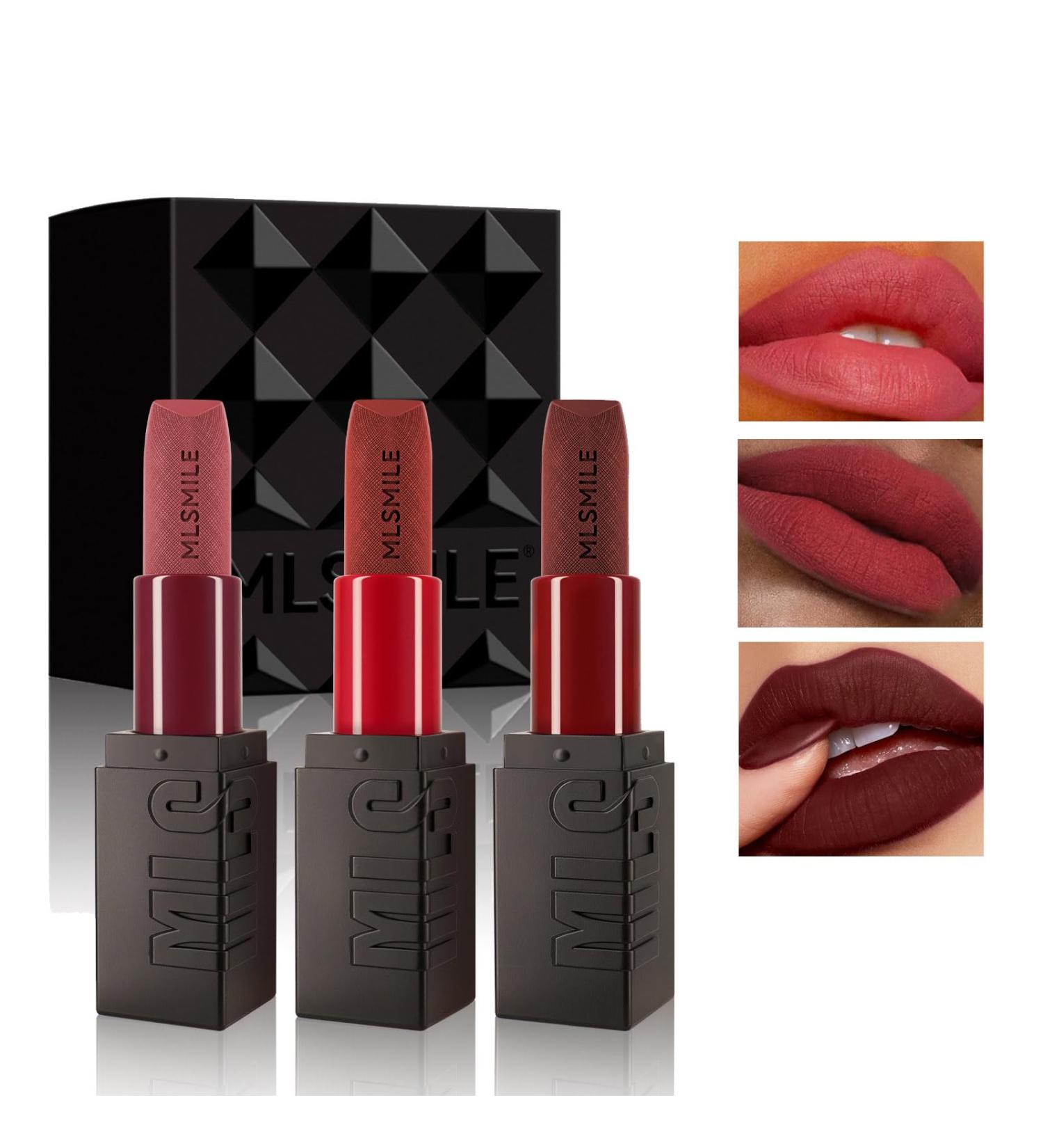 3 Pack Matte Lipsticks Embossed Velvet Matte Lipstick Moisturizing Oily Non-Fading - Buy Online on GoSupps.com