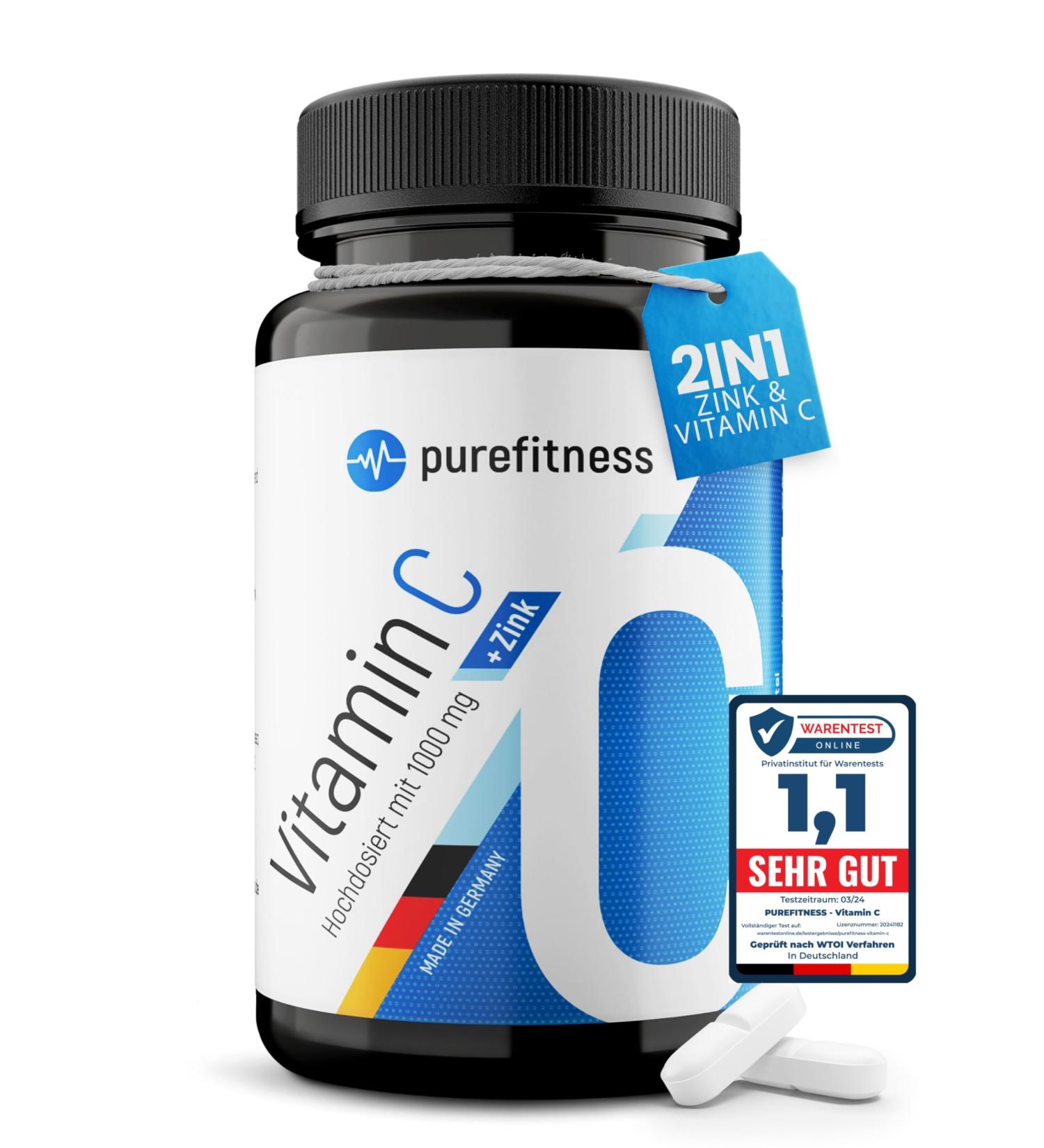 PureFitness Vitamin C 1000mg & Zinc 25mg - 180 Tablets | Immune Support Natural Complex No Additives | High Dose Vitamin C for Adults - Buy Online on GoSupps.com