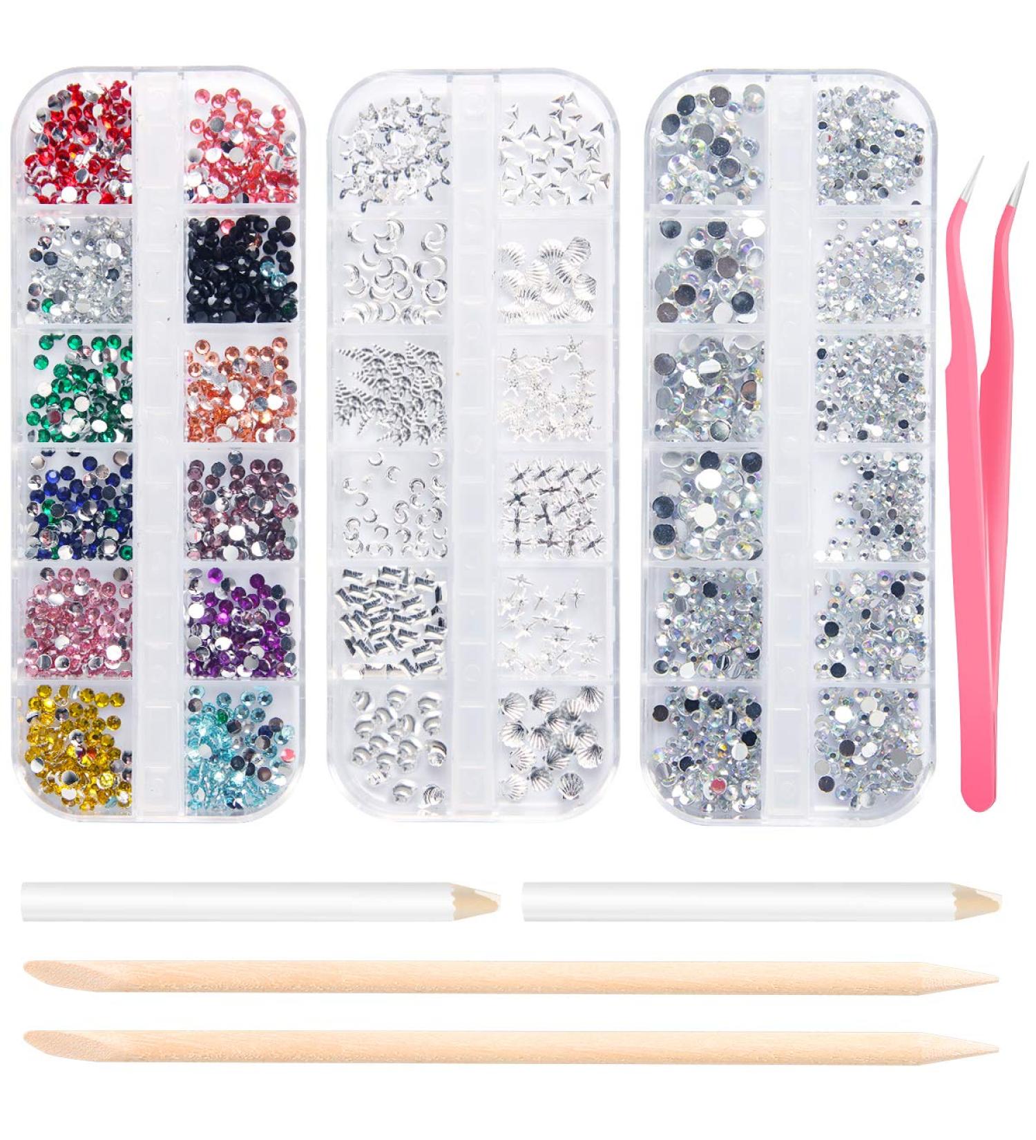 3 Boxes Nail Art Rhinestones & Gems Set - Clear Crystals Mix Sizes, 2 Picker Tools, Wooden Sticks, Tweezer - Buy Online on GoSupps.com