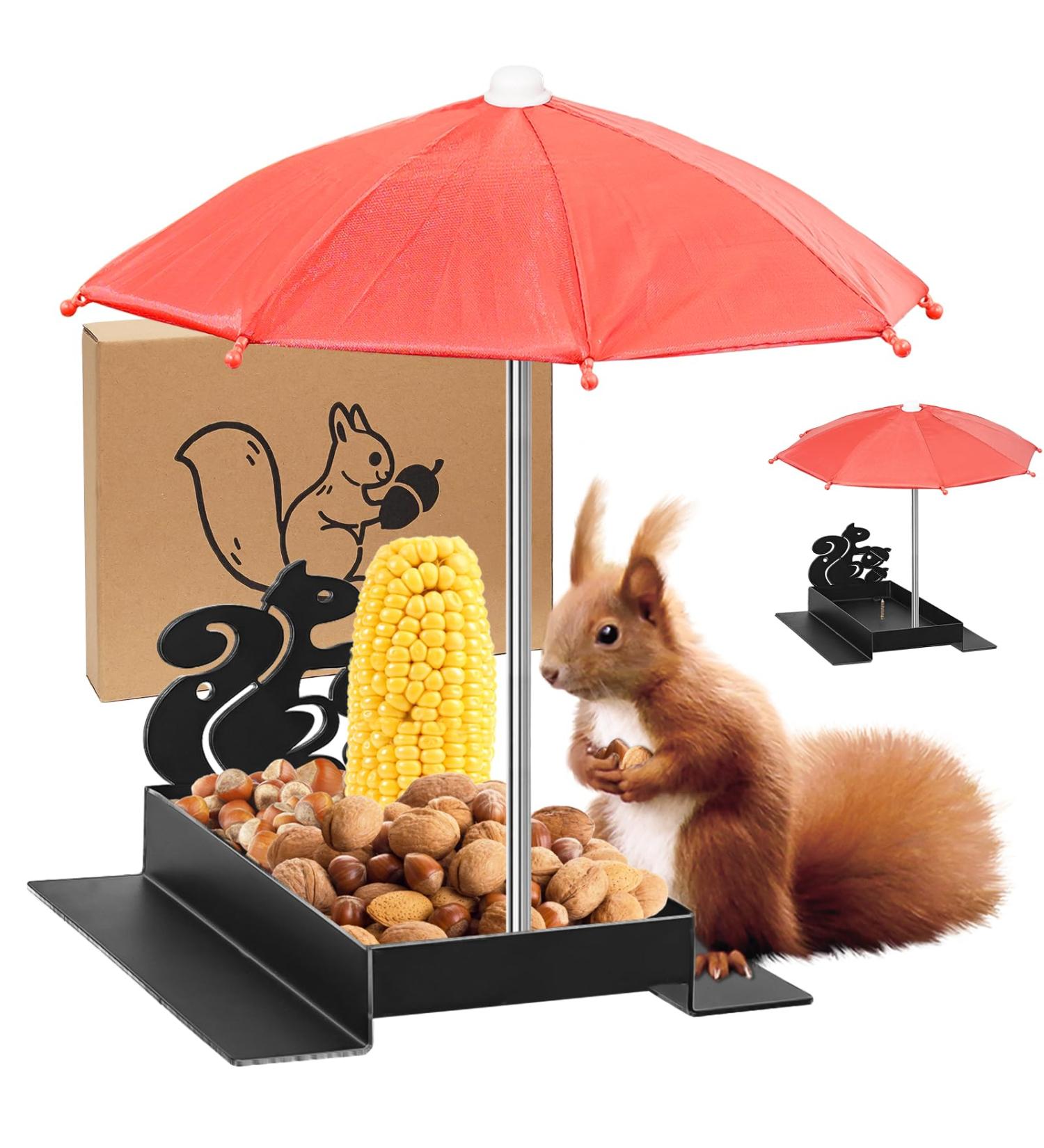 Giyiprpi Squirrel Feeder Metal Squirrel Feeder for Outdoor Use with Umbrella and Corn Stand Outdoor Hanging Squirrel Chipmunk Feeding Station (Black) - Buy Online on GoSupps.com