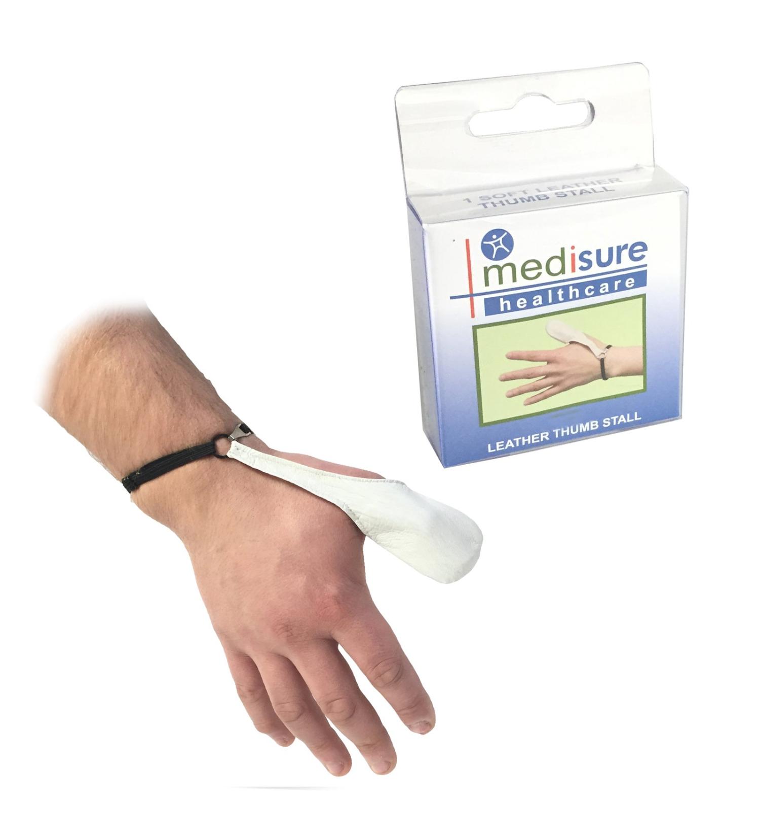 Medisure SIZE LARGE FIRST AID PREMIUM QUALITY RE-USABLE ADJUSTABLE PROTETIVE MEDICAL WHITE LEATHER THUMB STALL
