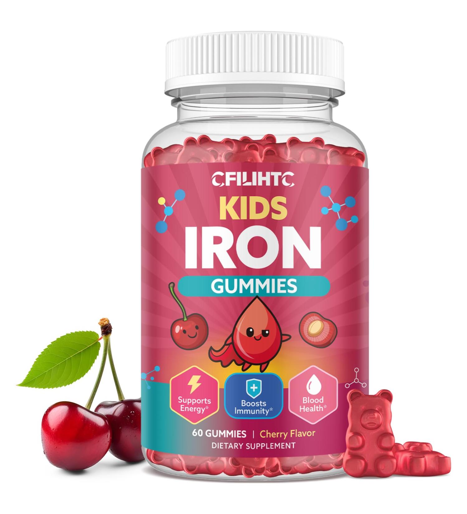 Iron Gummies for Kids & Teens Kids Multivitamin with Iron Supplement Calcium Folate Zinc Prebiotic - for Blood Builder & Energy Support Iron Deficiency - Vegan & Non-GMO - 60 Count Cherry - Buy Online on GoSupps.com