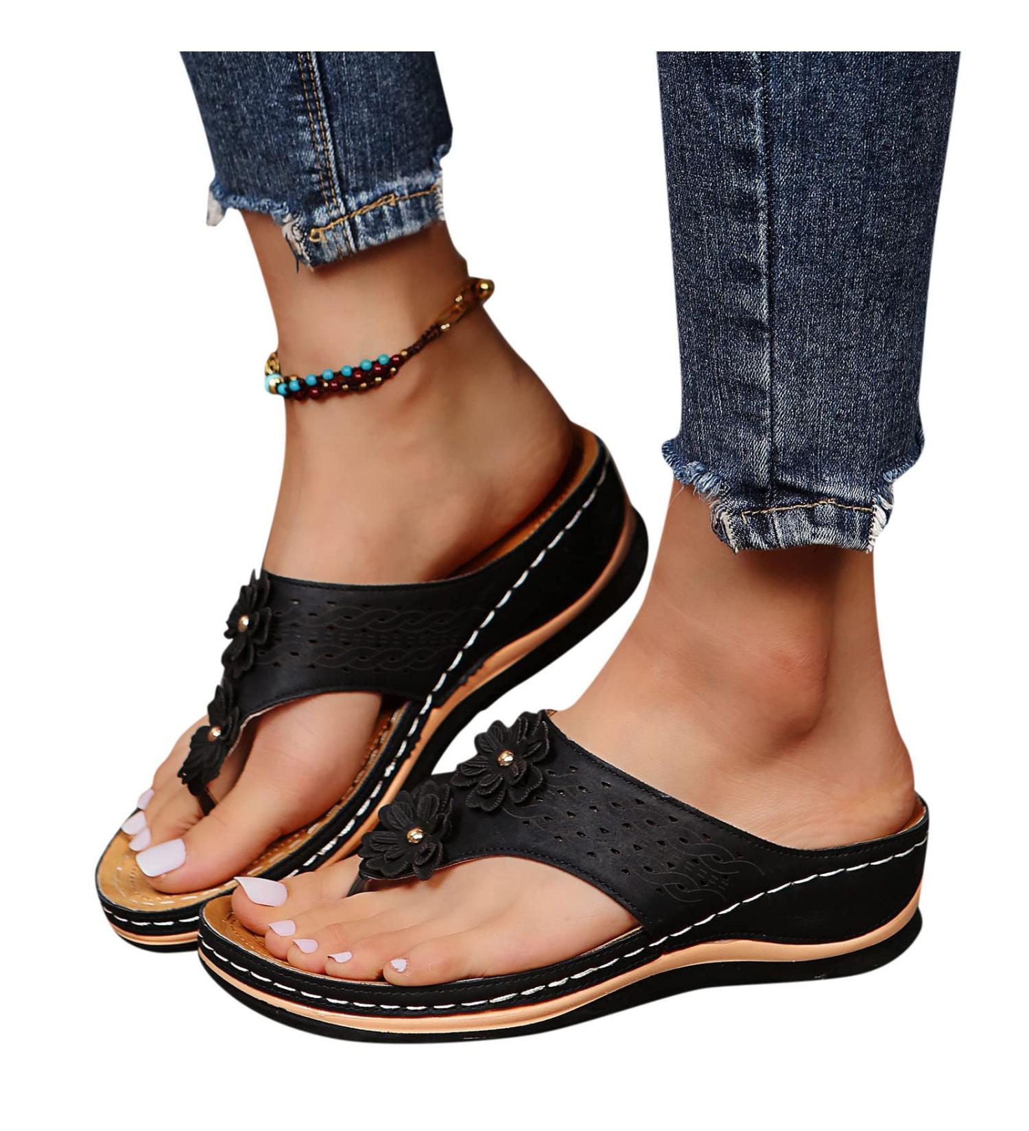 Fudule Women's Orthopedic Sandals - Arch Support, Anti-Slip, Breathable Flip Flop in Vintage Style - Black (Size 9) - Buy Online on GoSupps.com