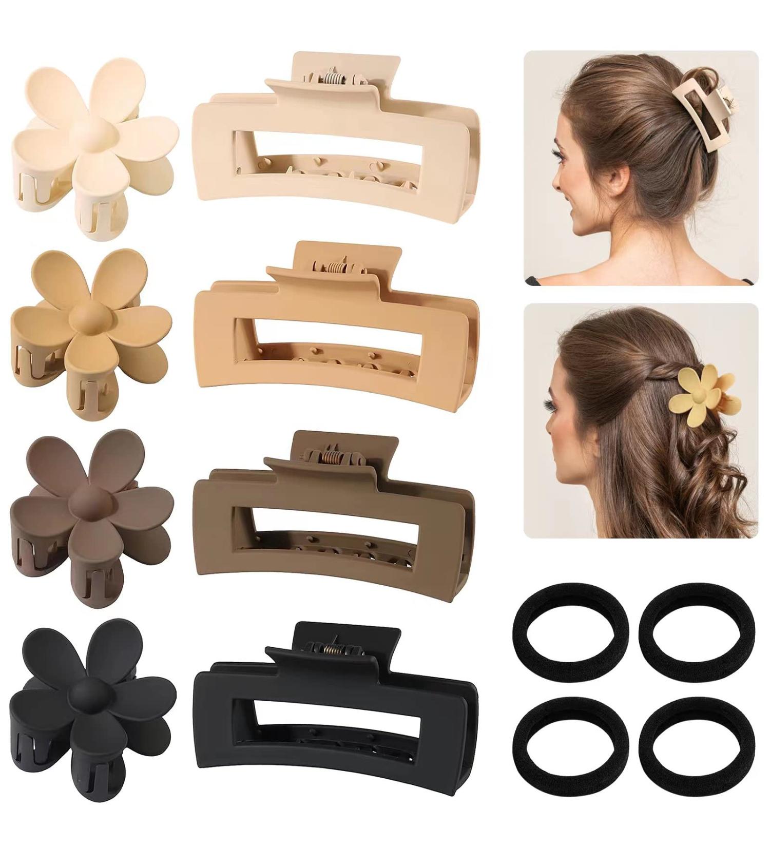 8 Pack Large Hair Claw Clips for Women - Flower & Rectangular Styles with Hair Ties - Neutral Colors - 4.1 Inch - Buy Online on GoSupps.com