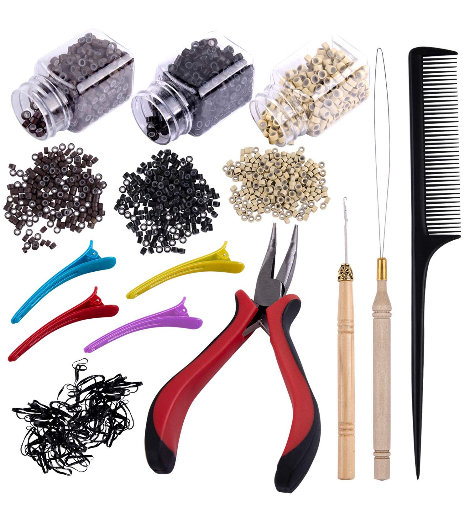 Duufin Hair Extensions Tools Kit - 1500 Pcs Micro Ring Beads, Plier, Hook Needle Pulling Loop, Clips, Comb, Rubber Bands (Black, Blonde, Brown) - Buy Online on GoSupps.com