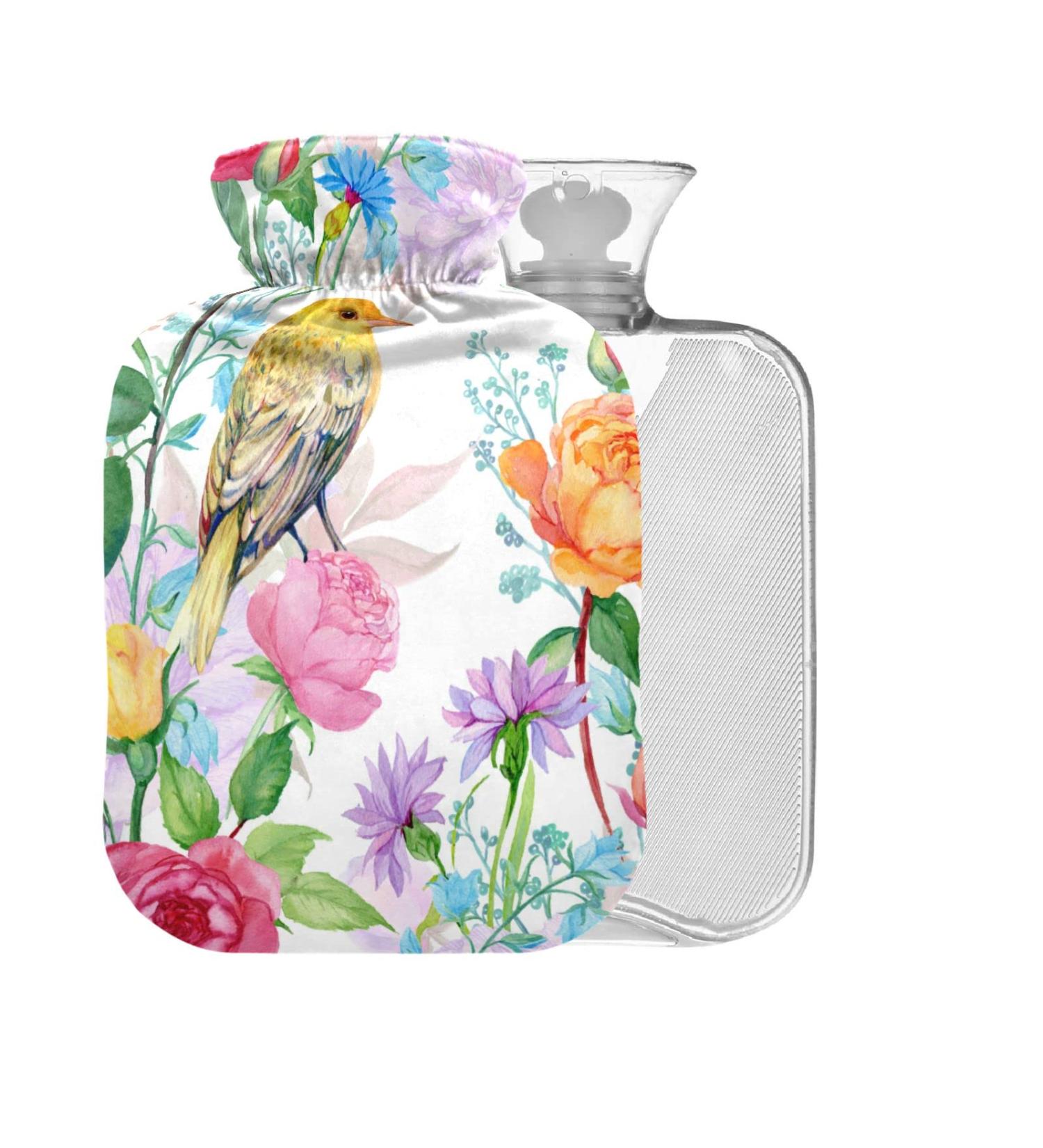 Hot Water Bottle with Watercolor Flowers & Birds - 2L Large Pain Relief Bag for Bed Hands & Feet - Buy Online on GoSupps.com