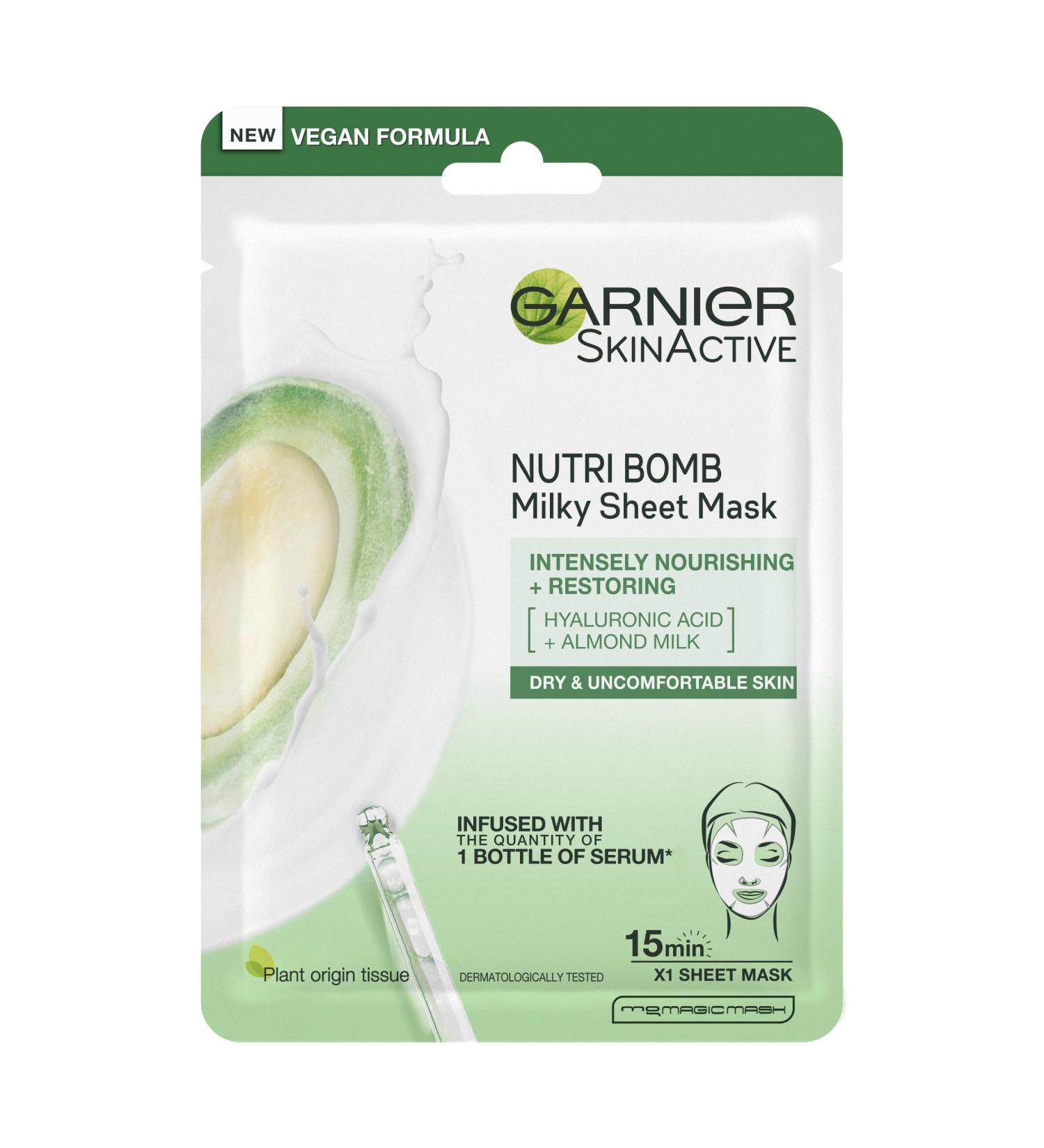 Garnier Nutri Bomb Almond Milk & Hyaluronic Acid Sheet Mask - 28g, Vegan, Hydrating & Nourishing - Buy Online on GoSupps.com