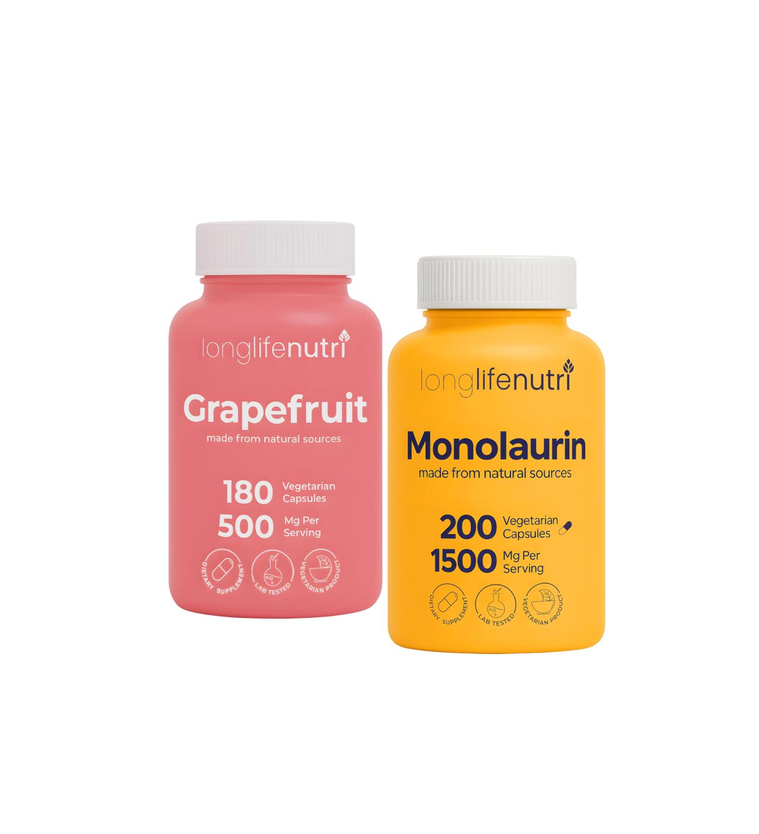LongLifeNutri Grapefruit Seed Extract 500 mg + Monolaurin 1500 mg Bundle - 180 + 200 Vegetarian Capsules Daily Energy & Balance Gut Health & Natural Defense GMP Certified Made in USA - Buy Online on GoSupps.com