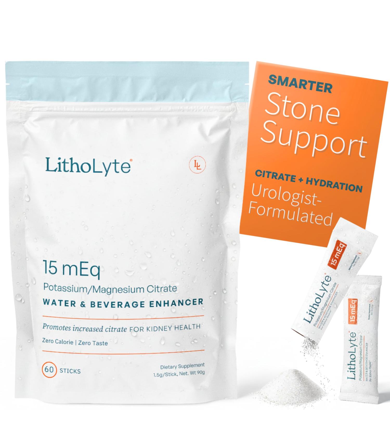 LithoLyte 15 mEq | Water & Beverage Enhancer for Kidney Health | Citrate & Electrolytes for Kidney Protection | Science-Based Support Beyond Cleanse, Detox, or Stone Dissolver Supplements | 60 Sticks - Buy Online on GoSupps.com
