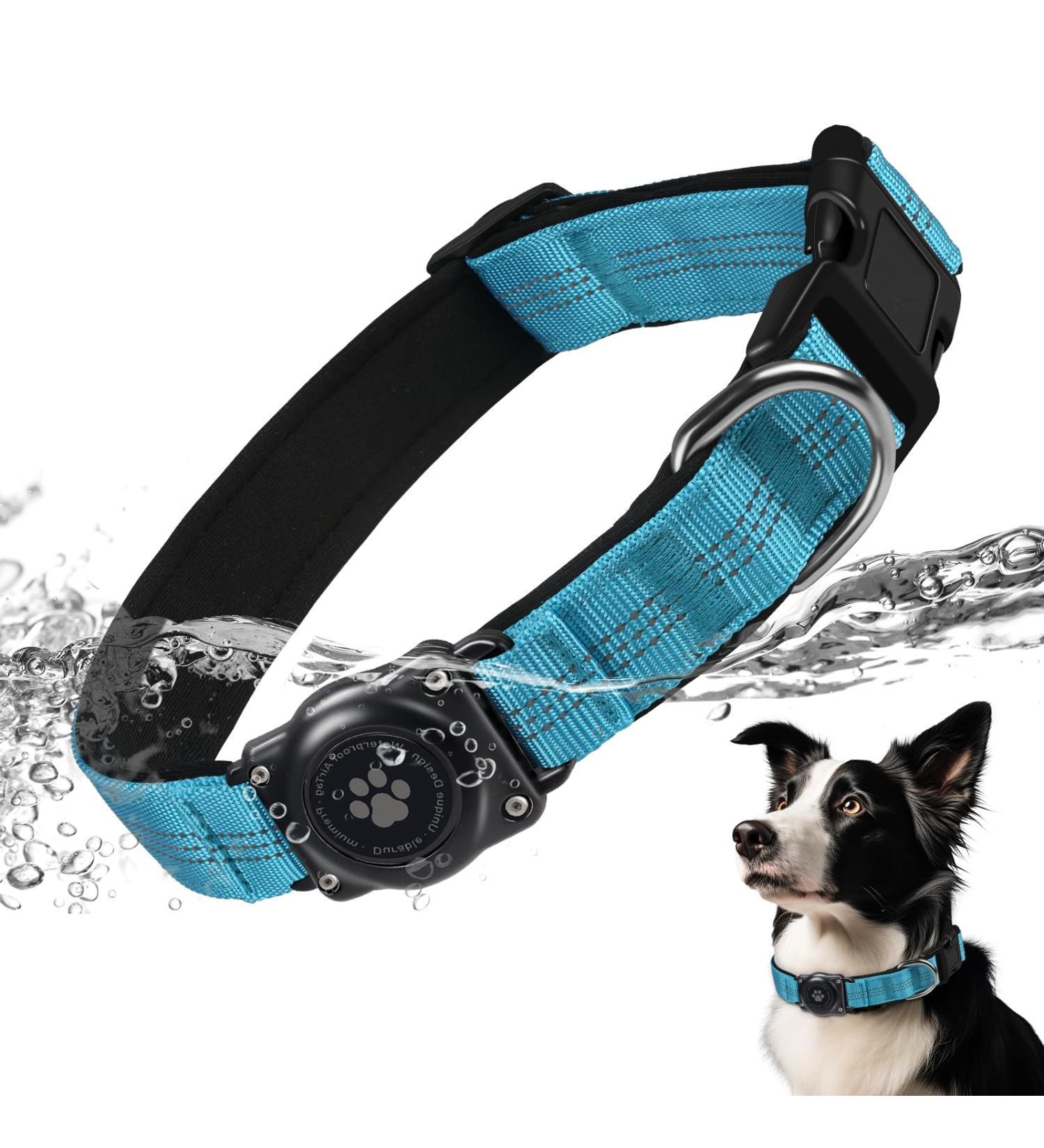 Airtag Dog Collar | IP68 Waterproof & Reflective Apple Air Tag Keeper for Medium Dogs | Durable Blue Dog Collar (Large) - Buy Online on GoSupps.com