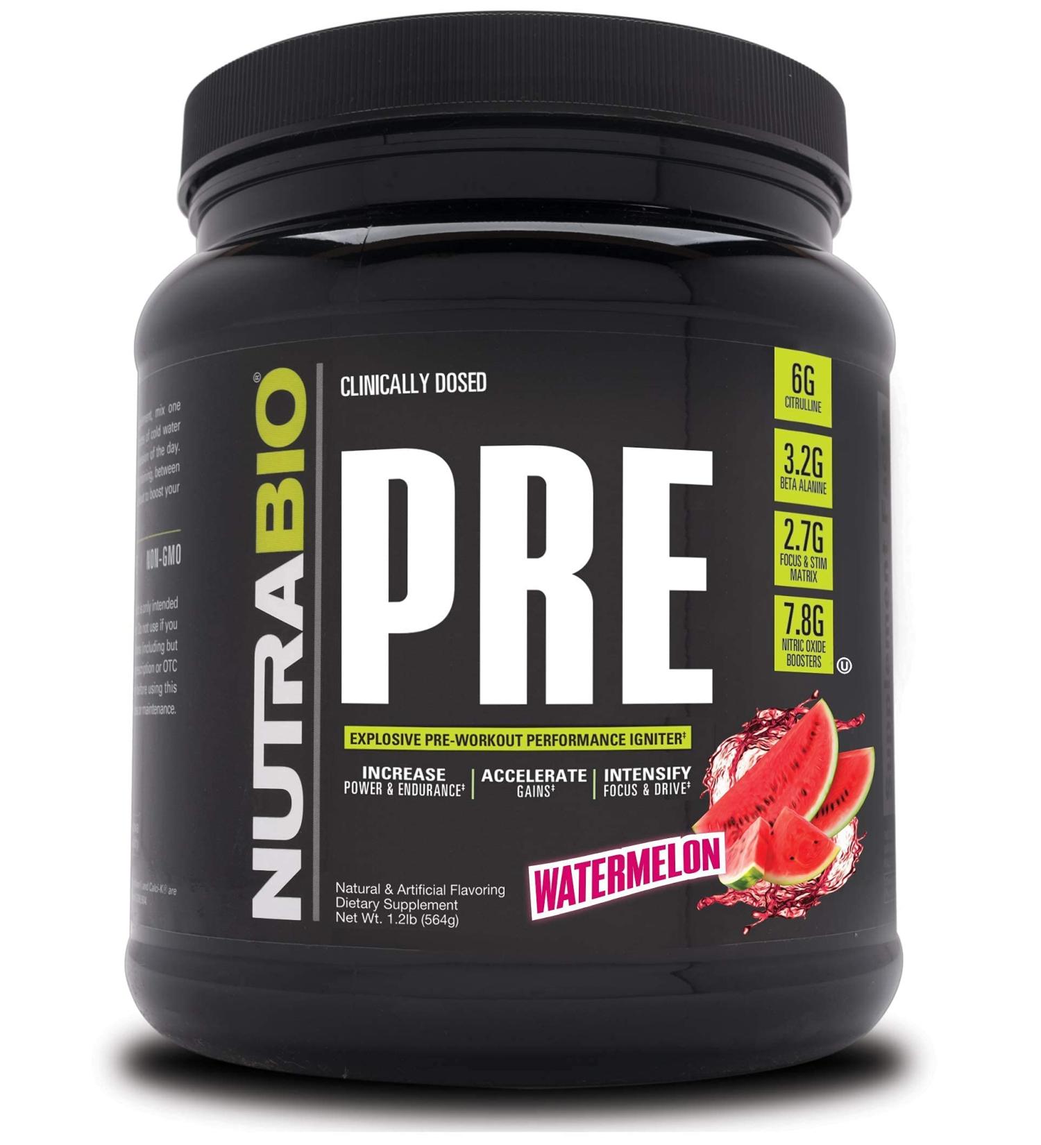 NutraBio PRE Workout Powder - Sustained Energy, Mental Focus, Endurance - 20 Servings - Watermelon - Buy Online on GoSupps.com