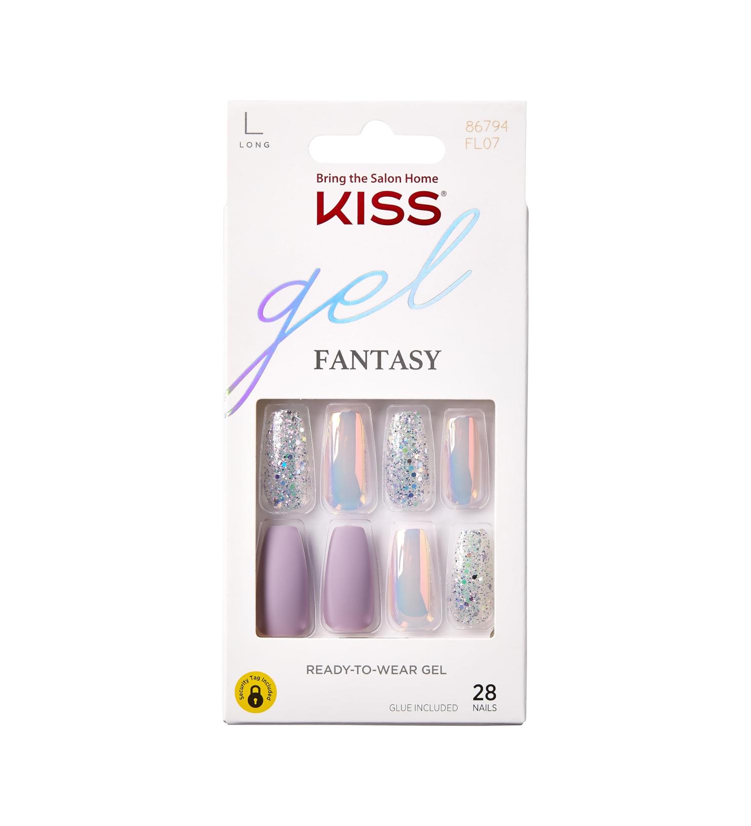 KISS Gel Fantasy Glue-On Nails - Long Lavender Glitter Coffin Shape | Premium Artificial Fingernails for Instant Glam - Buy Online on GoSupps.com