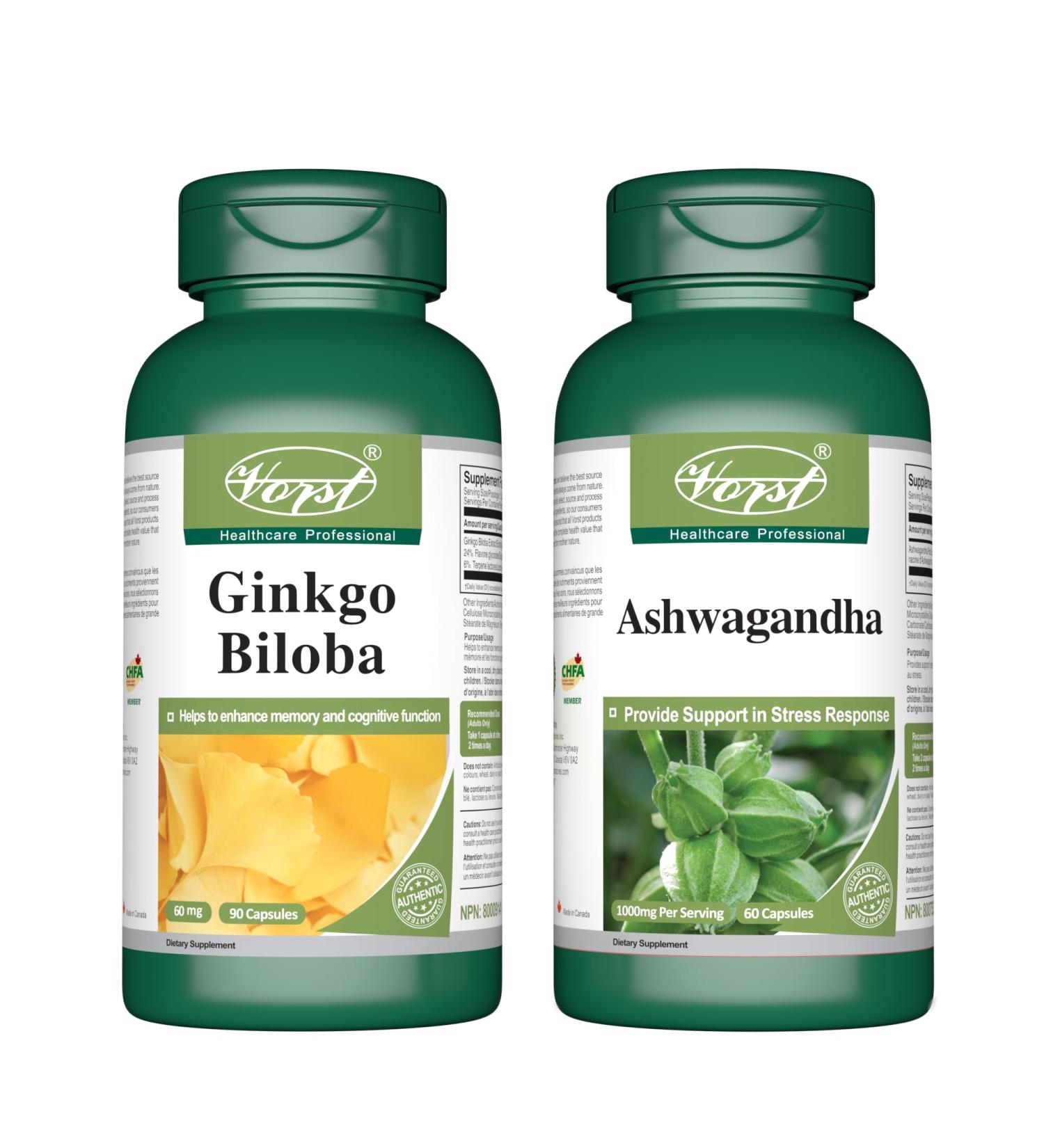 VORST Ginkgo Biloba 90 Capsules and Ashwagandha 60 Capsules (Combo Bundle 2 Bottles) - Buy Online on GoSupps.com