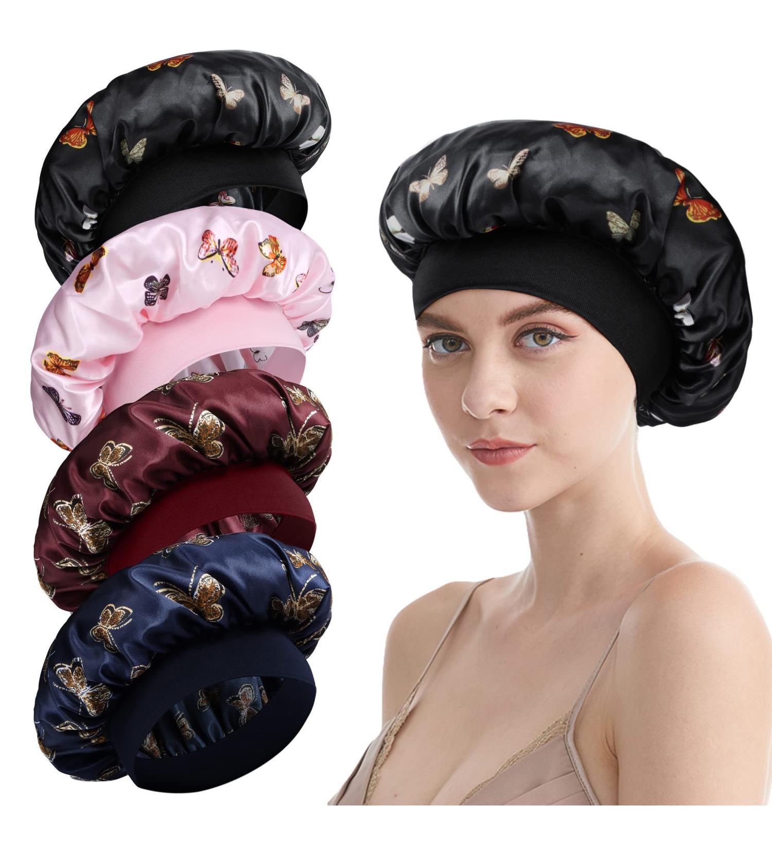 LADES Silk Satin Bonnet-4 Packs Women Satin Hair Bonnet for Curly Hair Satin Bonnet Silk Sleep Cap Silk Hair Wrap for Sleeping Black Hair Black+Pink+Red+Navy Blue - Buy Online on GoSupps.com
