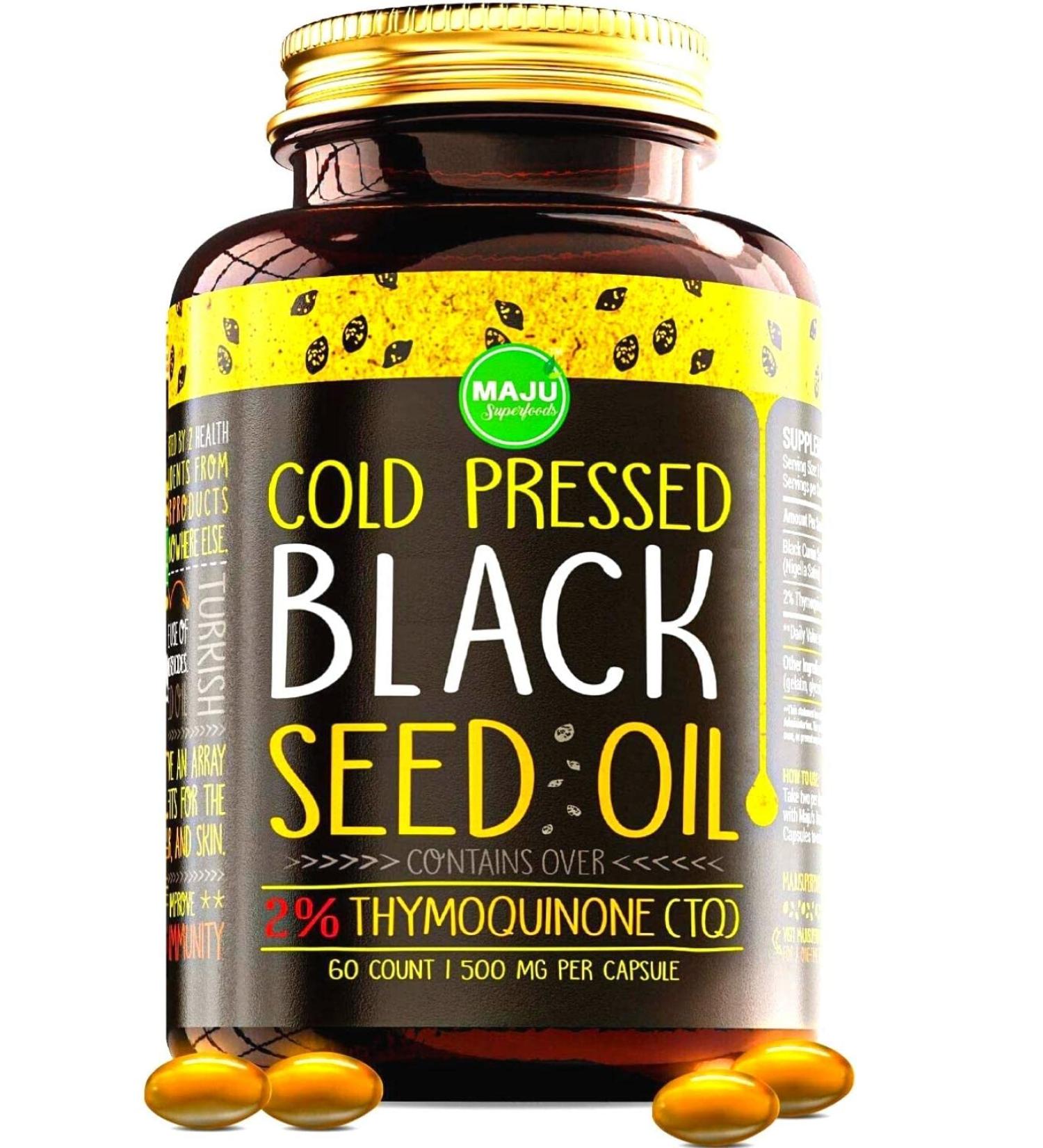 Maju Black Seed Oil Capsules - 2% Thymoquinone, Cold Pressed, Organic & Non-GMO - 60 Count, 500mg - Buy Online on GoSupps.com