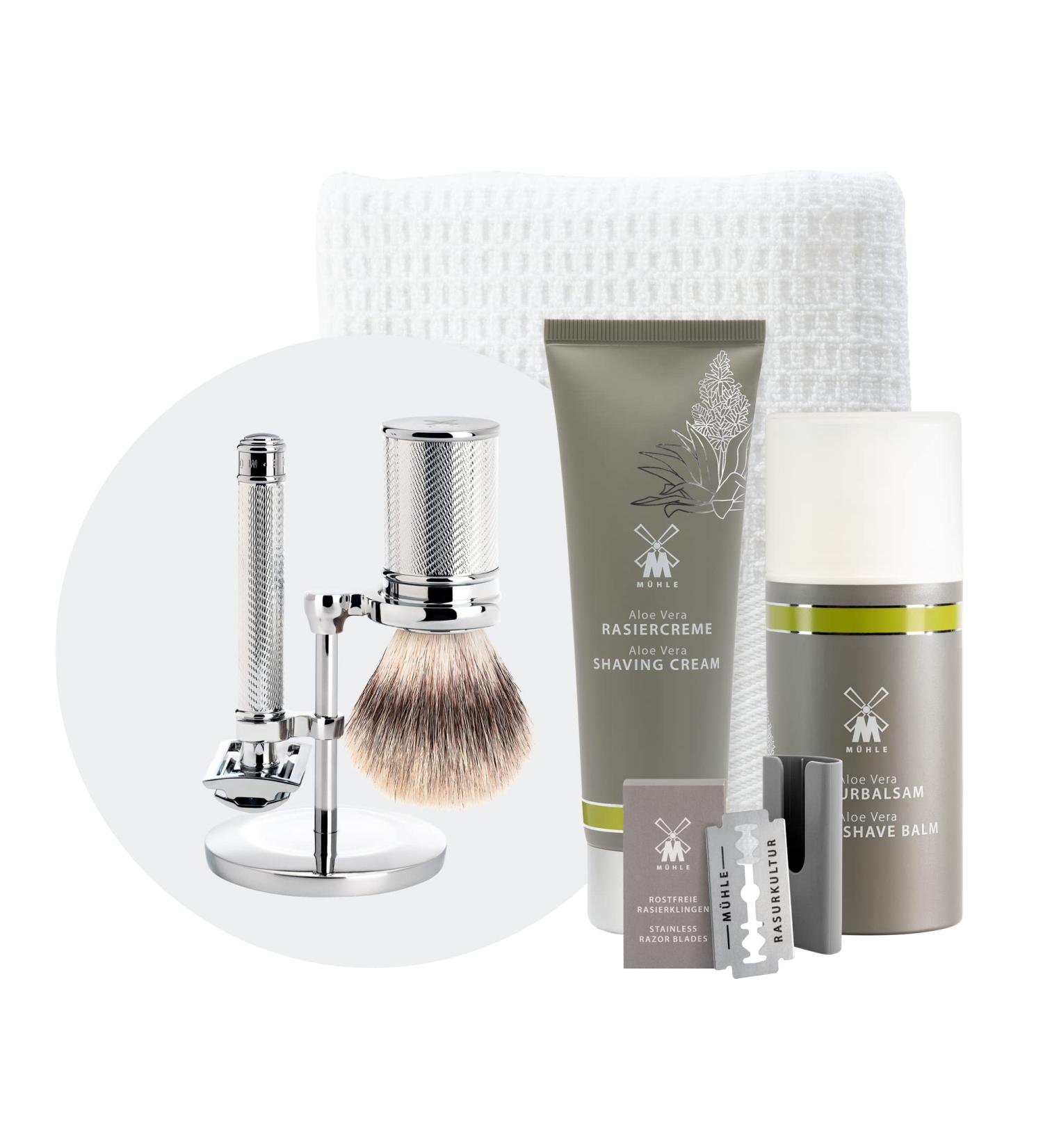 M HLE Traditional Shaving Set 8 Pcs - Chrome-Plated Brush Razor Stand Blade Cream & Aftershave | Premium International Shipping - Buy Online on GoSupps.com