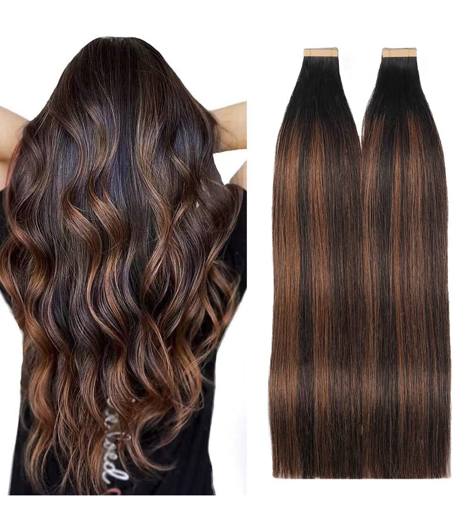 Buy Hotlulana Tape Extensions - 14 Inch Balayage Natural Black to Chestnut Brown - 100% Real Hair 40pcs Invisible Skin Weft - Buy Online on GoSupps.com