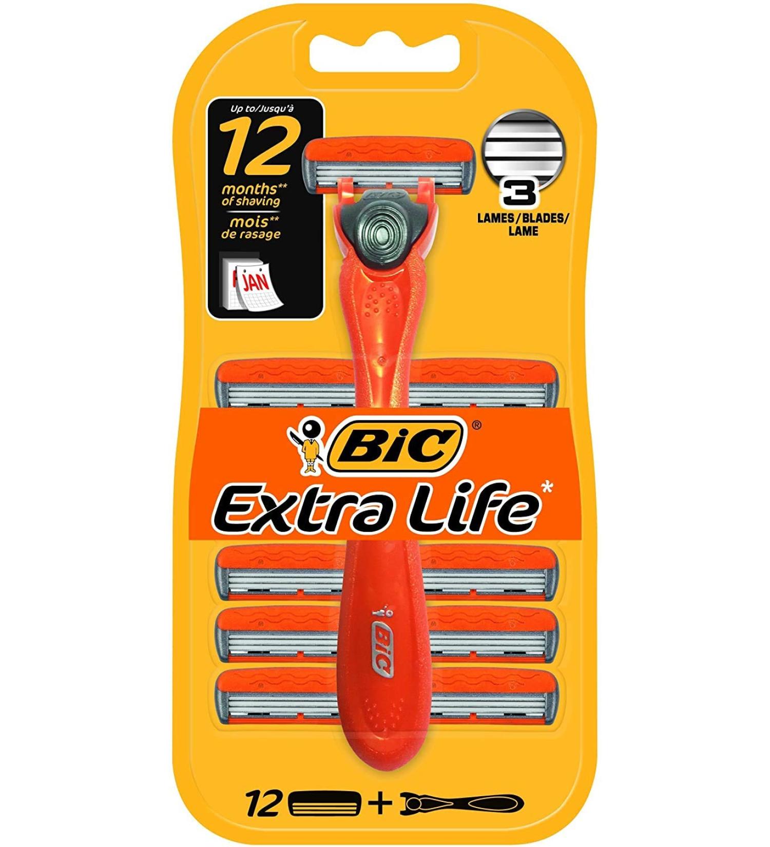 BIC 3 Hybrid Extra Life Men's Razor 1 Handle + 12 Replacement Heads