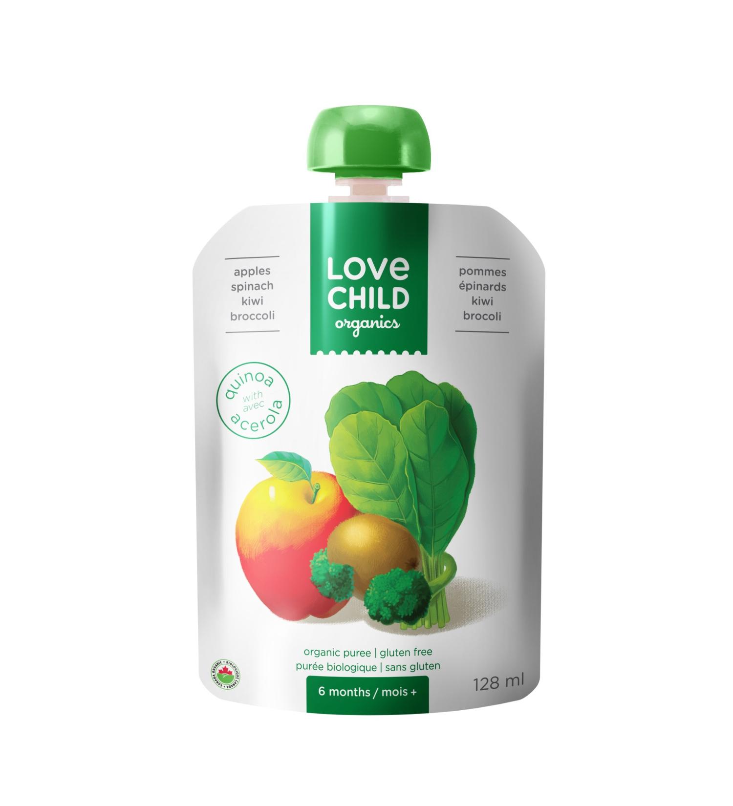 Love Child Organics Apples Spinach Kiwi & Broccoli Puree Pouches with Quinoa 6m+ (Pack of 12)