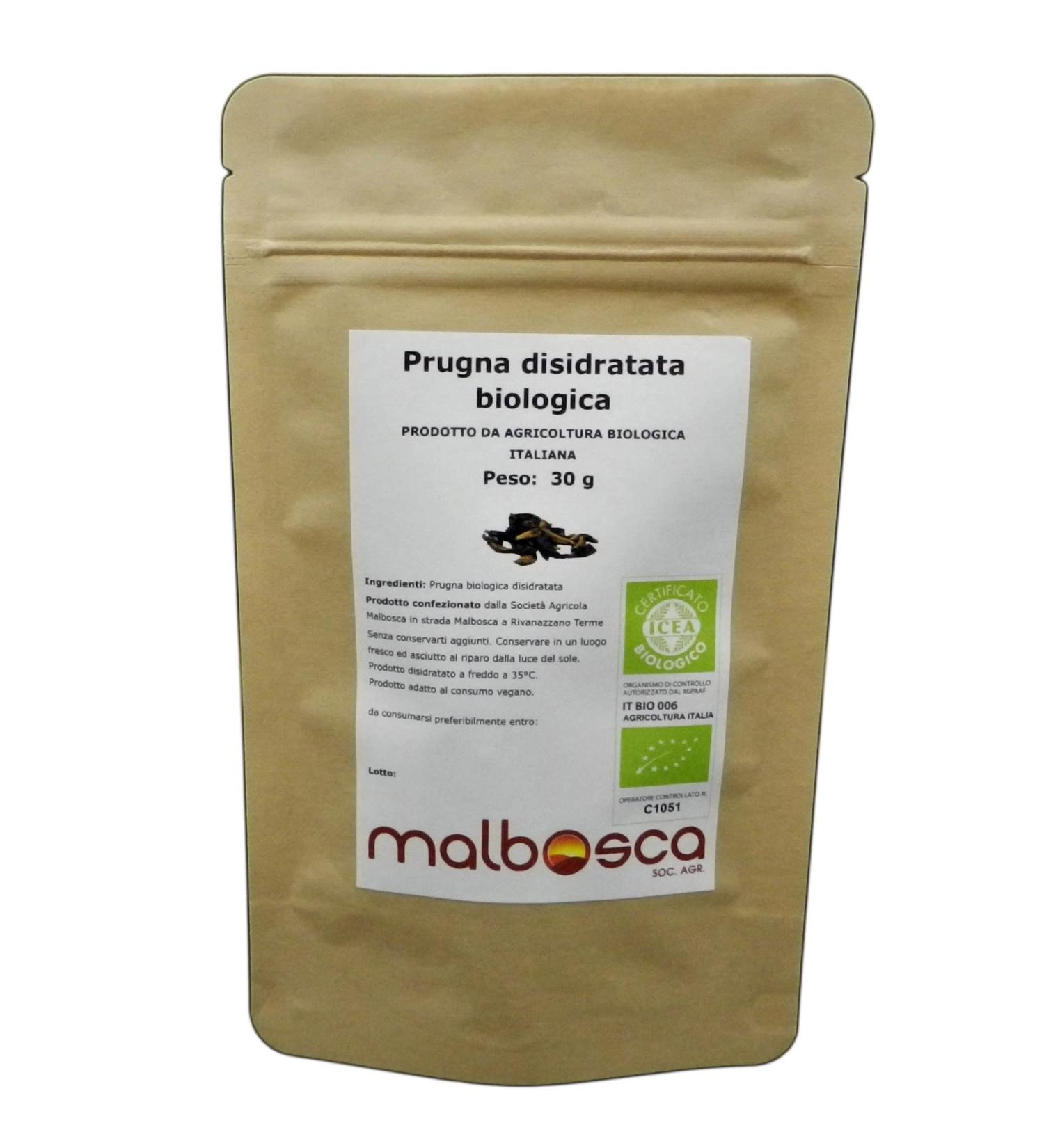 Malbosca Organic dehydrated plums 30g SUGAR-FREE 100% Italian cold-dried NO added preservatives NO additives ONLY fresh dehydrated fruit