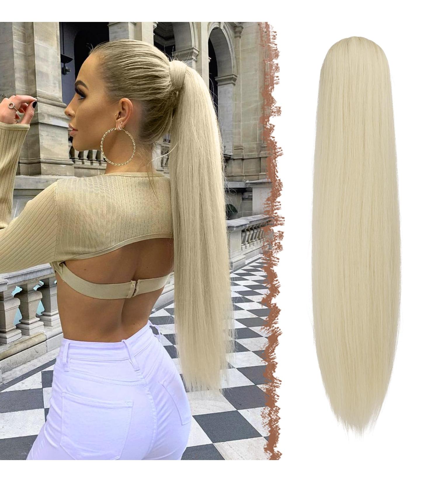 60 cm Ash Blonde Ponytail Extensions - Smooth Synthetic Drawstring Braid Hairpiece for Women - Long Straight Hair with Cord Strain - Buy Online on GoSupps.com