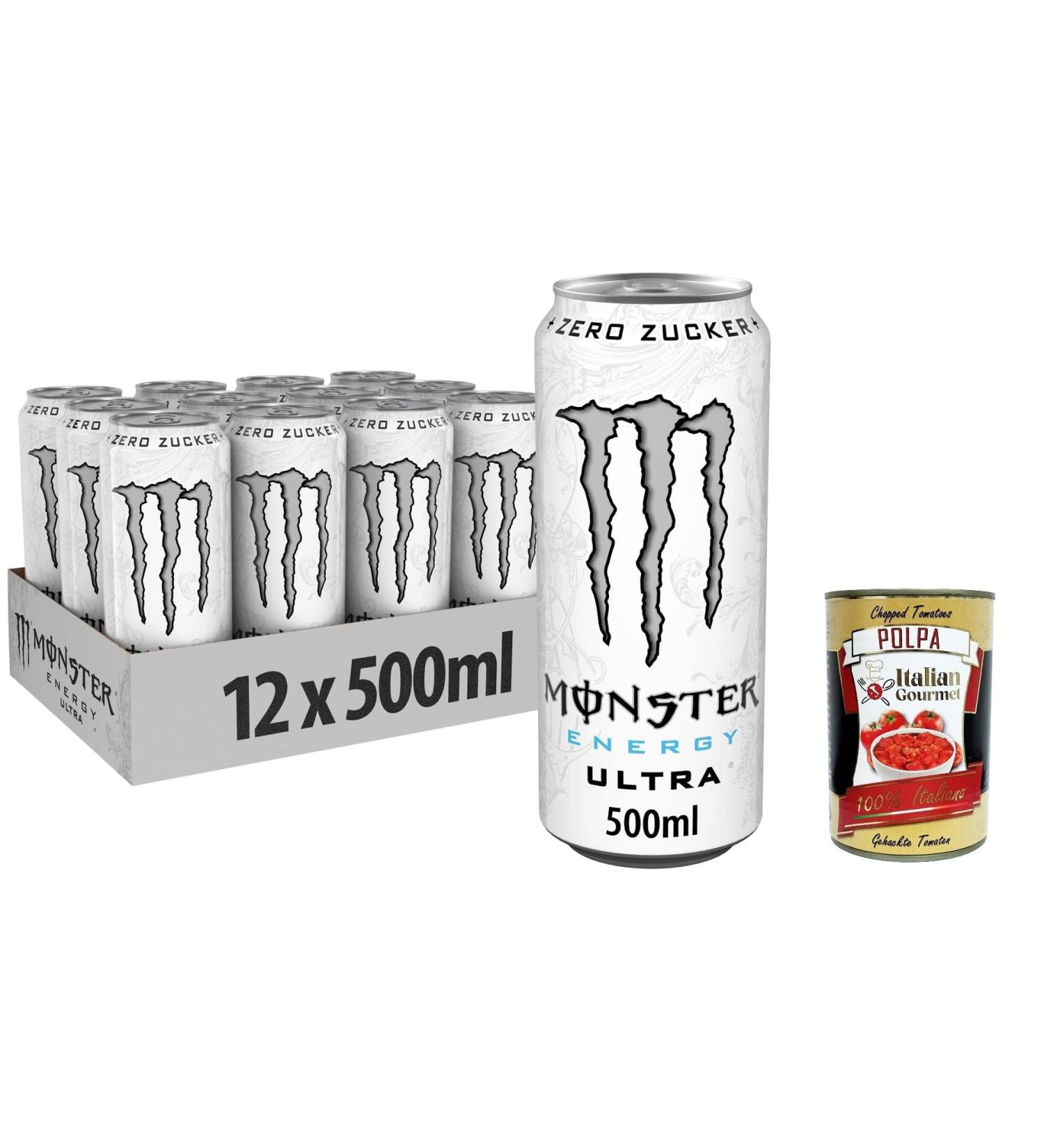  Italian Gourmet E.R. Monster Energy Ultra White Pack of 48 Energy Drinks with Mild Citrus Caffeine Sugar Free and Calorie Free 500ml + Italian Gourmet Polpa 400g - Buy Online on GoSupps.com