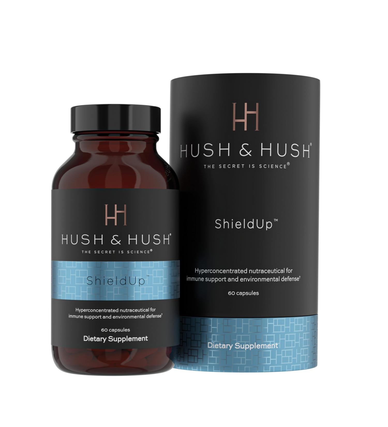 Hush & Hush ShieldUp - Immune Booster Energy Supplement - Brain Booster - Vitamin C, Maca Root, Turmeric and Organic Matcha Leaf Extract - Vegan, Gluten Free - 60 Capsules - Buy Online on GoSupps.com