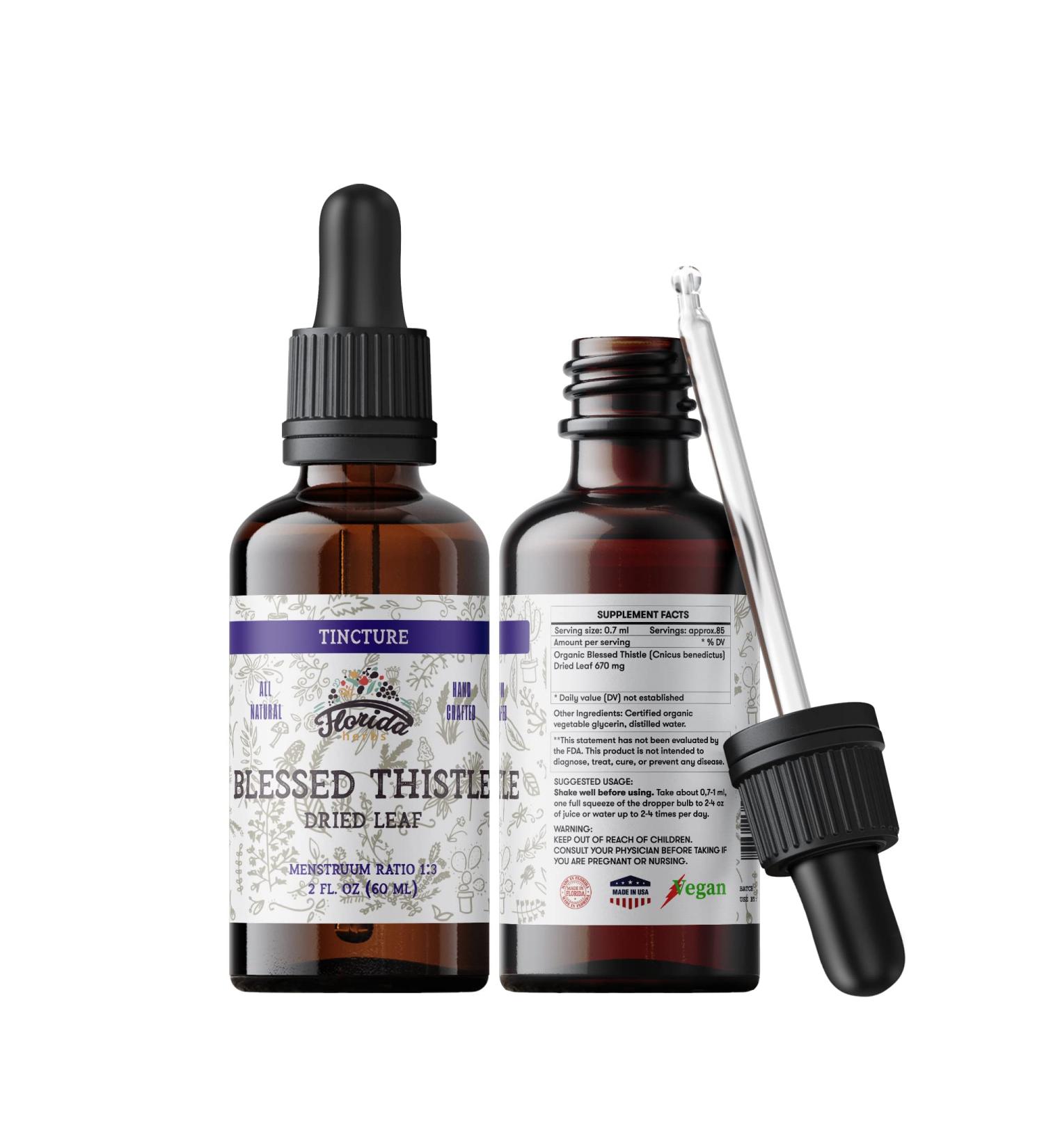 Blessed Thistle Tincture Organic Blessed Thistle Extract (Cnicus benedictus) Herbal Supplement Non-GMO in Cold-Pressed Organic Vegetable Glycerin 700 mg 2 oz (60 ml) 2 Fl Oz (Pack of 1)