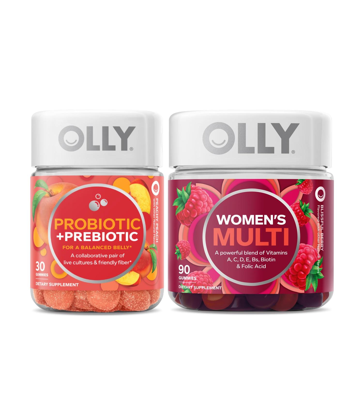 OLLY Probiotic + Prebiotic and Women s Perfect Multi Starter Pack Bundle Live Cultures & Friendly Fiber Vitamins A C D E Bs Biotin & Folic Acid 30 and 90 Count