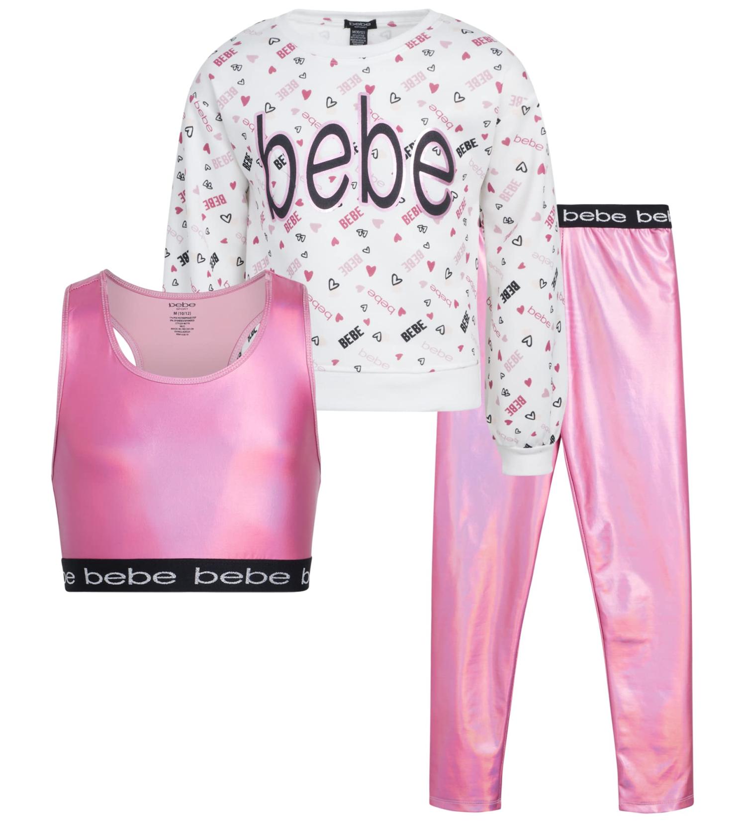 bebe Girls' 3-Piece Workout Set - Pink Metallic Performance Fleece Sweatshirt, Leggings & Sports Bralette (7-8) - Buy Online on GoSupps.com