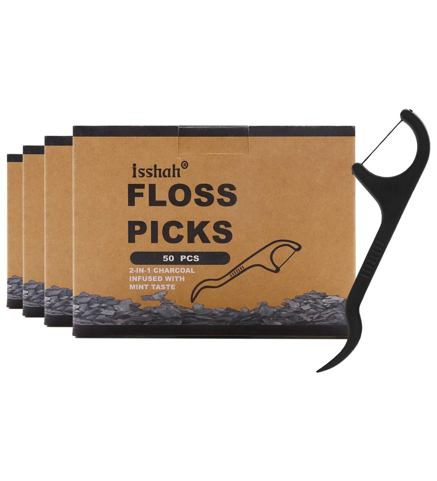 Natural Charcoal Dental Floss Picks - 200 Count | BPA Free, Vegan, Eco-Friendly by Isshah - Buy Online on GoSupps.com