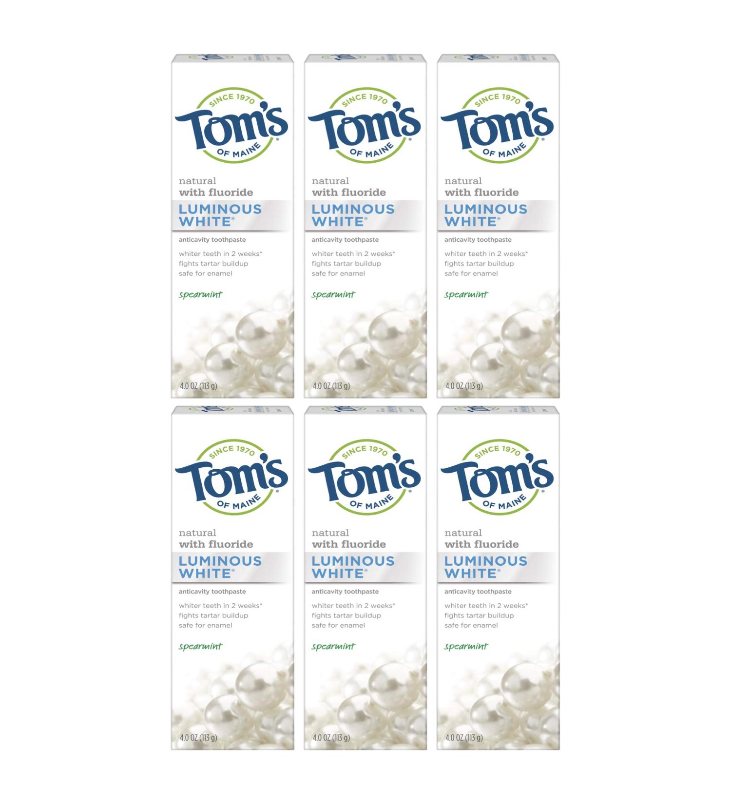 Tom's of Maine Luminous White Toothpaste, Spearmint - 6-Pack (4 oz) - Natural Whitening Formula - Buy Online on GoSupps.com