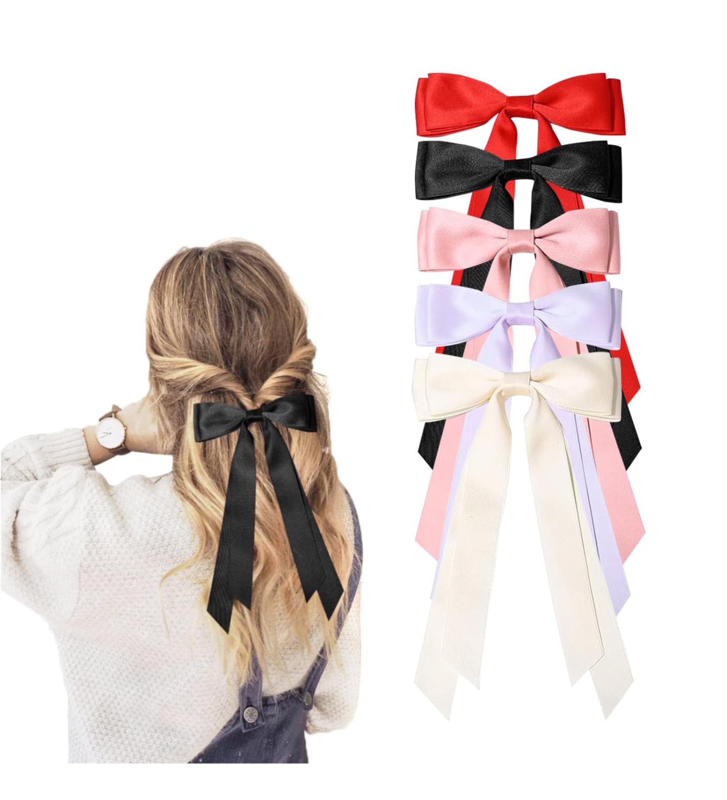 5PC Silky Satin Hair Bows Hair Clip Ribbon Ponytail Holder Accessories Black Bow Hair Clip Hair Bows for Women(Black/Red/Purple/Pink/White) - Buy Online on GoSupps.com