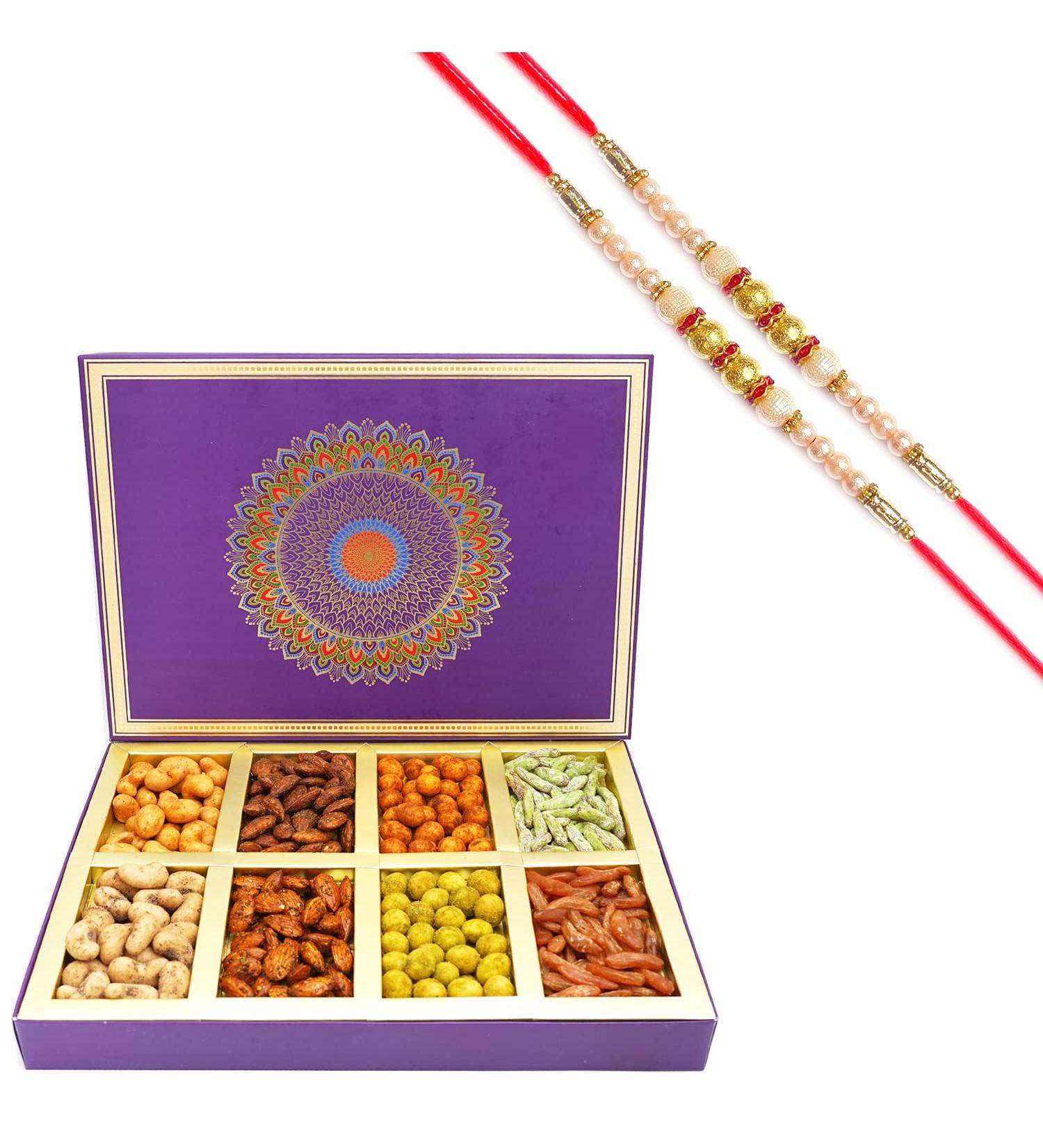 Ghasitaram Gifts Rakhi Gifts for Brothers Dryfruit - Fusion 8 Parti Box of Crunchy Cashews Crunchy Peanuts Flavoured Raisins and Flavoured Almonds with 2 Pearl Rakhis - Buy Online on GoSupps.com