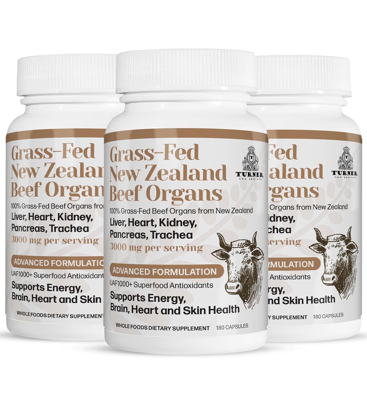 TURNER New Zealand 100% Live-Grass-Fed Beef Organs Complex Supports Whole Body Wellness and Energy with a Powerful Blend of Liver Heart Kidney Pancreas & Trachea Non-GMO 3000mg 540 Capsules