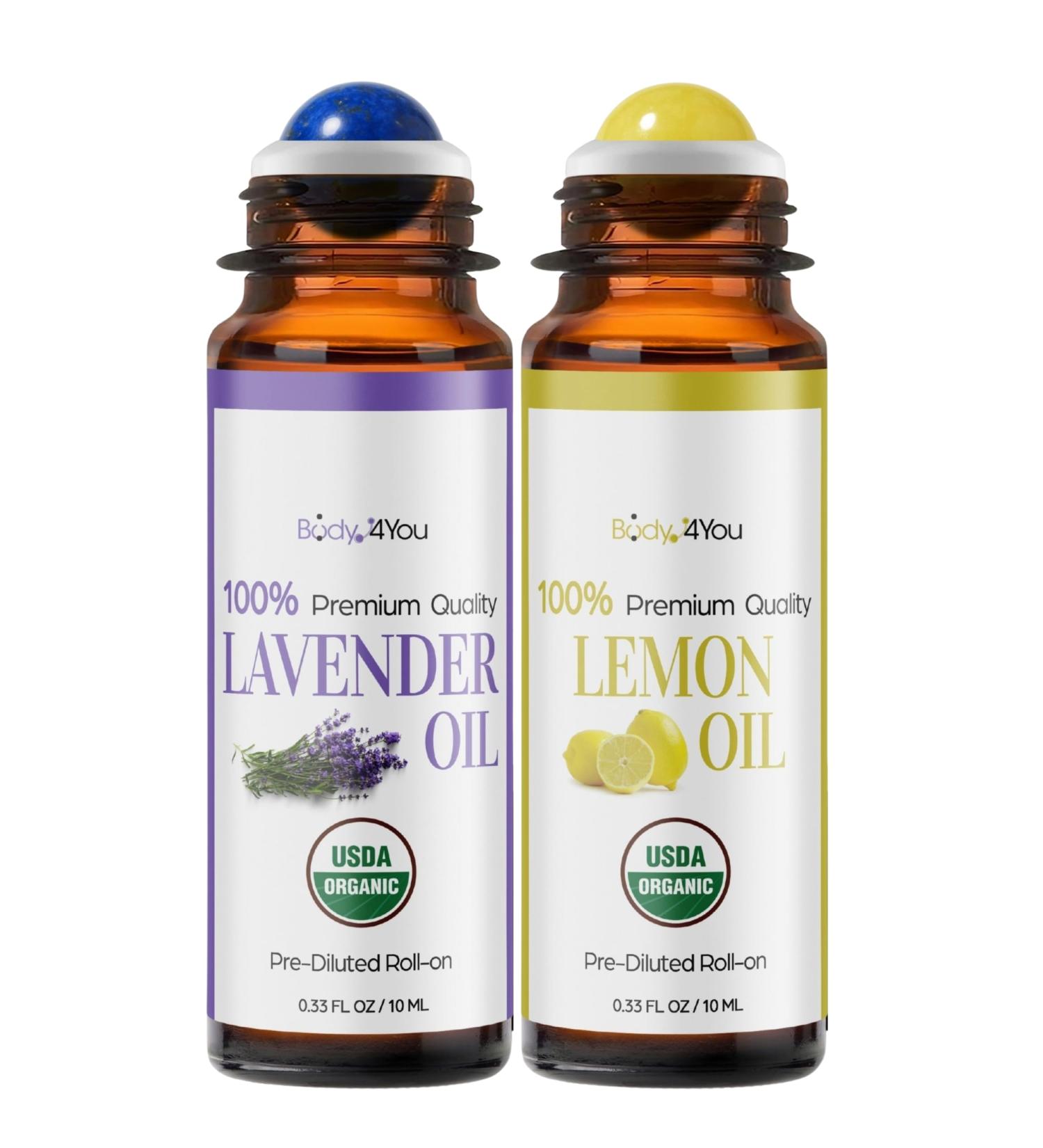 BodyJ4You Lavender + Lemon Essential Oil Roll On Duo - 100% USDA Organic MCT Coconut Oil - Amethyst and Yellow Jade Stone Rollers - Amber Glass Bottle Rollerball - 2 x 10 ml - Buy Online on GoSupps.com