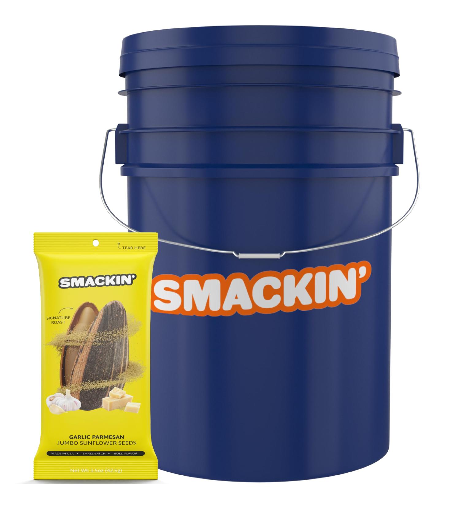 SMACKIN' Sunflower Seeds | Roasted Jumbo Sunflower Seeds | 54 Bag Seed Bucket | 1.5 Ounce Flavored Sunflower Seeds | Small-Batch American Made Sunflower Seeds (Garlic Parmesan) - Buy Online on GoSupps.com