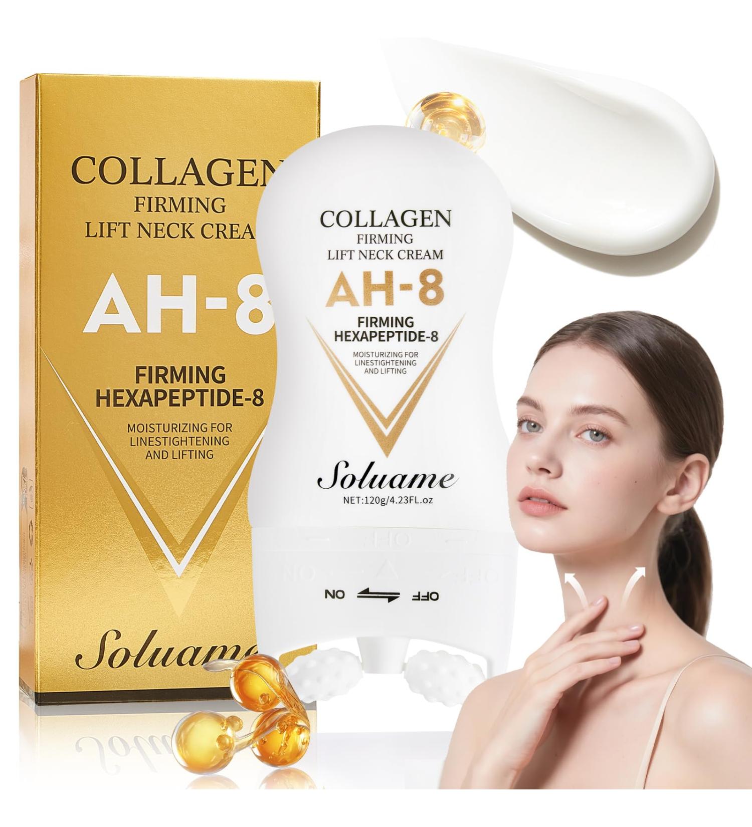 SOLUAME AH8 Firming Neck Cream Collagen Neck Cream for Firming and Firming the Skin with Massage Roller Moisturizing Cream for Men and Women 120 g - Buy Online on GoSupps.com