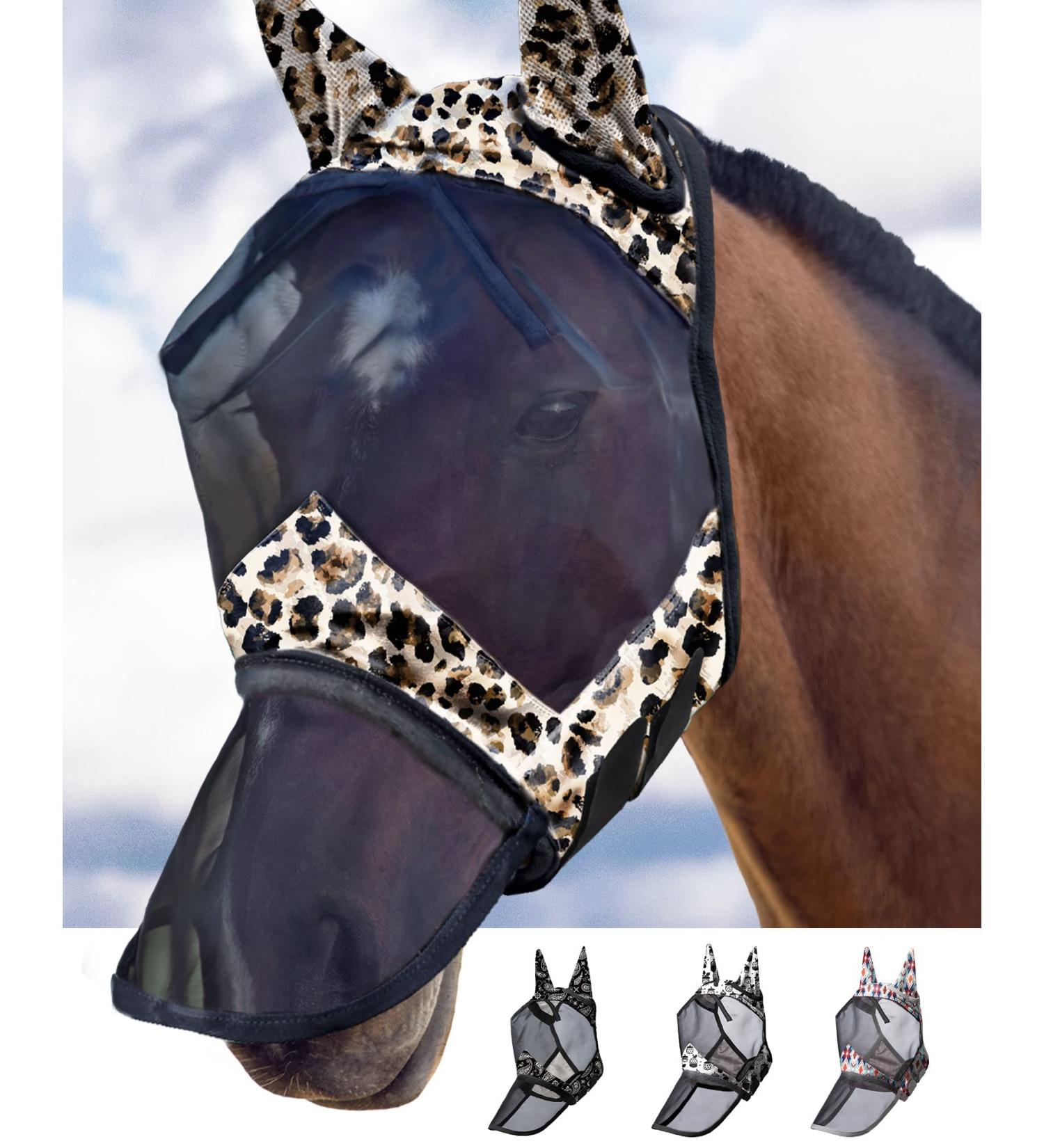 Harrison Howard CareMaster Horse Fly Mask - Long Nose & Ears UV Protection for Horses in Leopard Print (M) - Buy Online on GoSupps.com