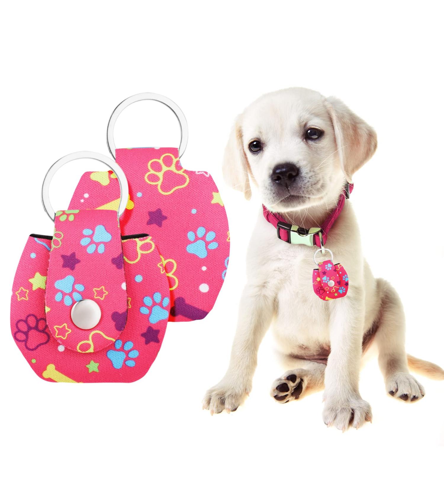 2-Piece Dog Brand Bag with Push Button | Military Dog ID Silencer Ring & Address Tag for Dogs & Cats | Rose Red Bone Paw Design - Buy Online on GoSupps.com