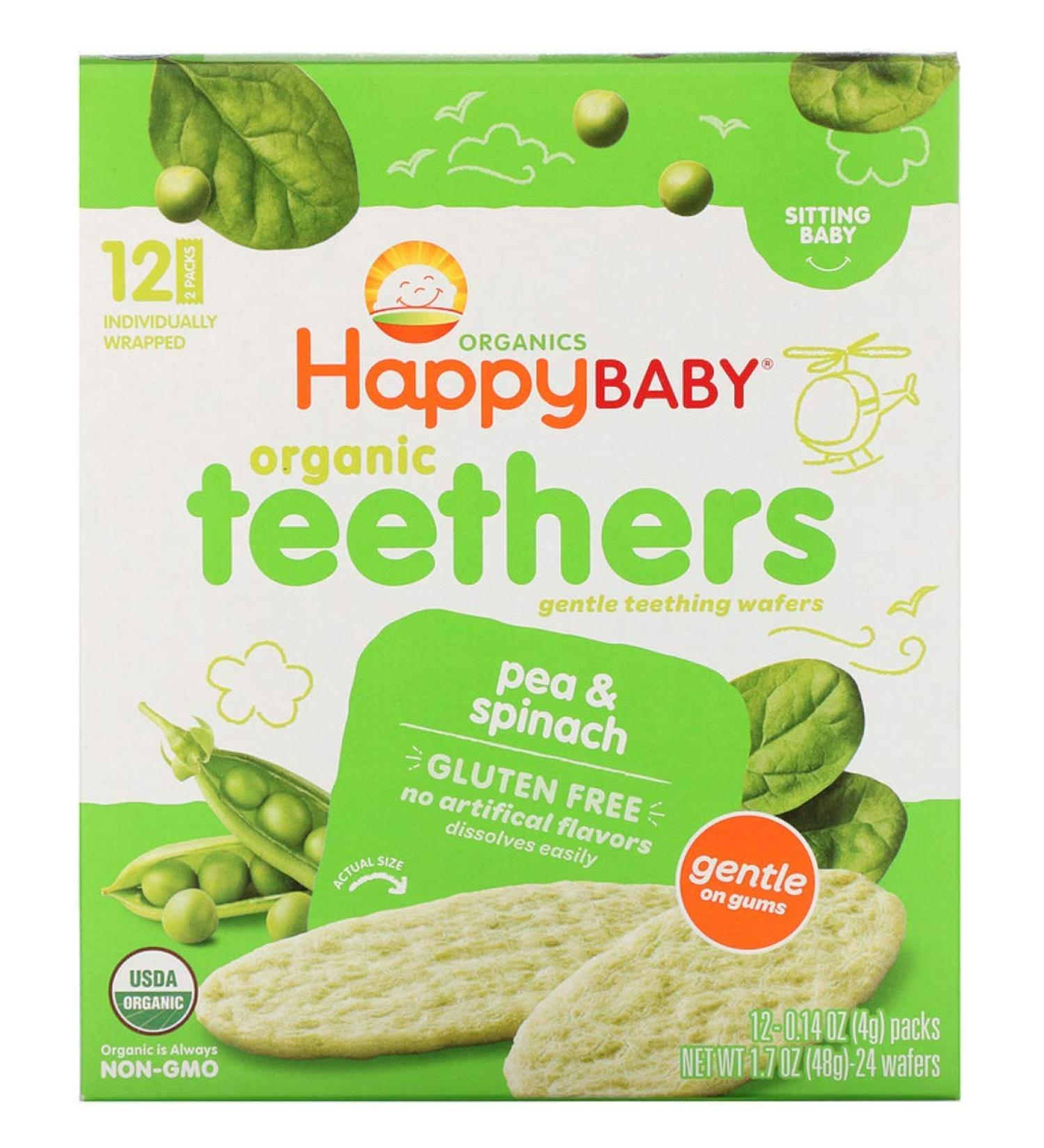 Happy Family Organics Organic Teethers Gentle Teething Wafers Sitting Baby Pea & Spinach 12 Packs 0.14 oz (4 g) Each - Pea & Spinach - Buy Online on GoSupps.com