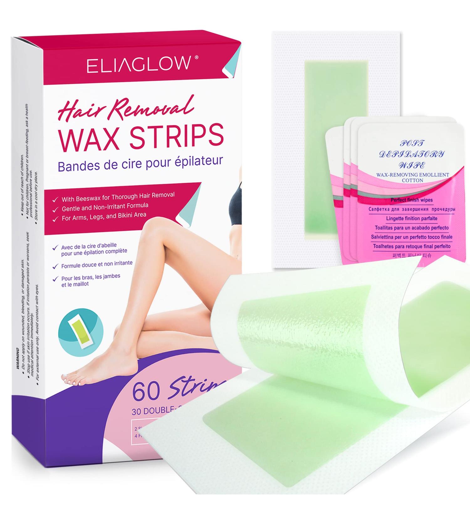 ELIAGLOW Wax Strips for Hair Removal - 60 Count | Waxing Strips for Face, Body, Upper Lip, Legs, Bikini & More | Women's Facial and Brazilian Wax Kit - Buy Online on GoSupps.com