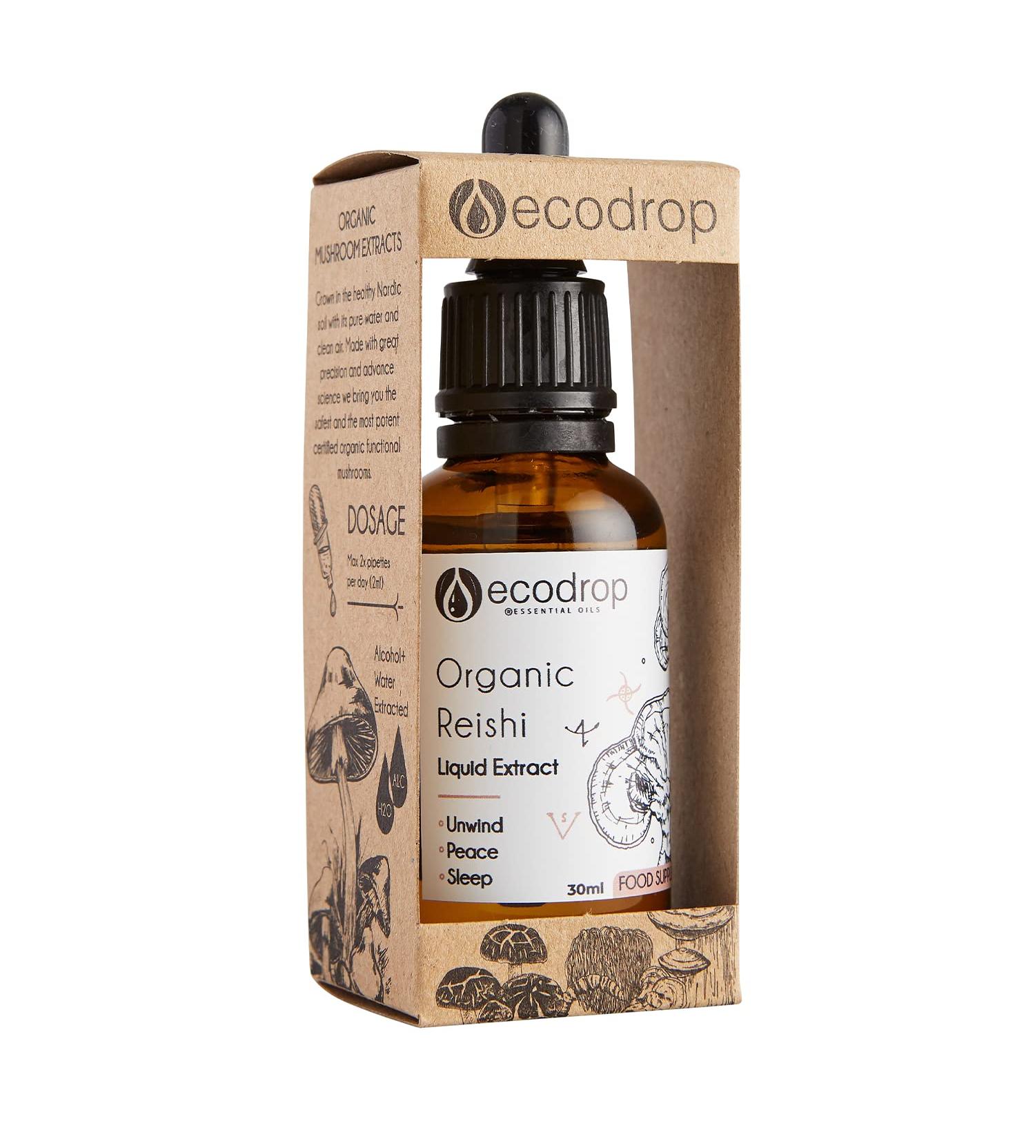 Ecodrop Organic Reishi Mushroom Double Extract Liquid Tincture 30ml - EU & Soil Association Certified - Manufactured in Finland - Buy Online on GoSupps.com