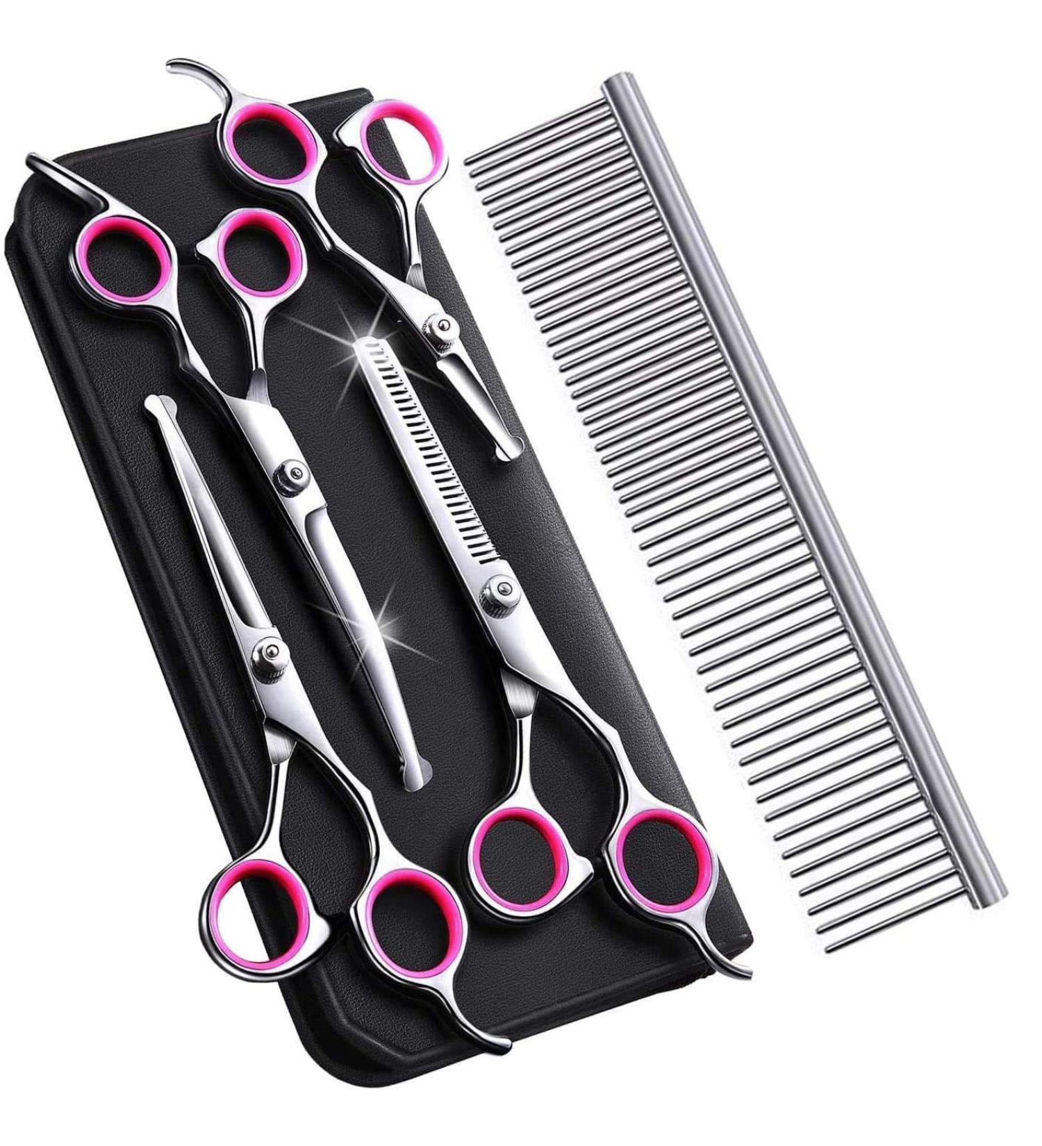 Zwini Pet Grooming Scissors Set 5 in 1 Stainless Steel Pet Trimmer Kit Pet Grooming Scissors Set Hair Care for Dog Cat With 7.5-inch Cutting Scissors Thinning Shear Curved Scissors Grooming Comb - Buy Online on GoSupps.com